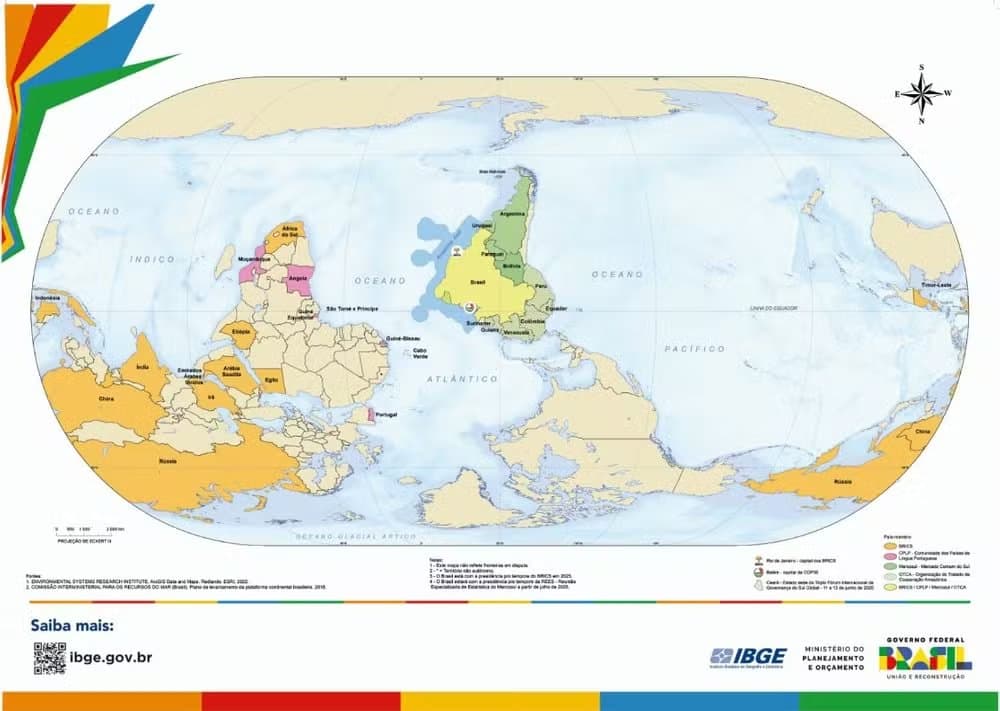IBGE lança mapa-múndi com Brasil no centro para destacar liderança global