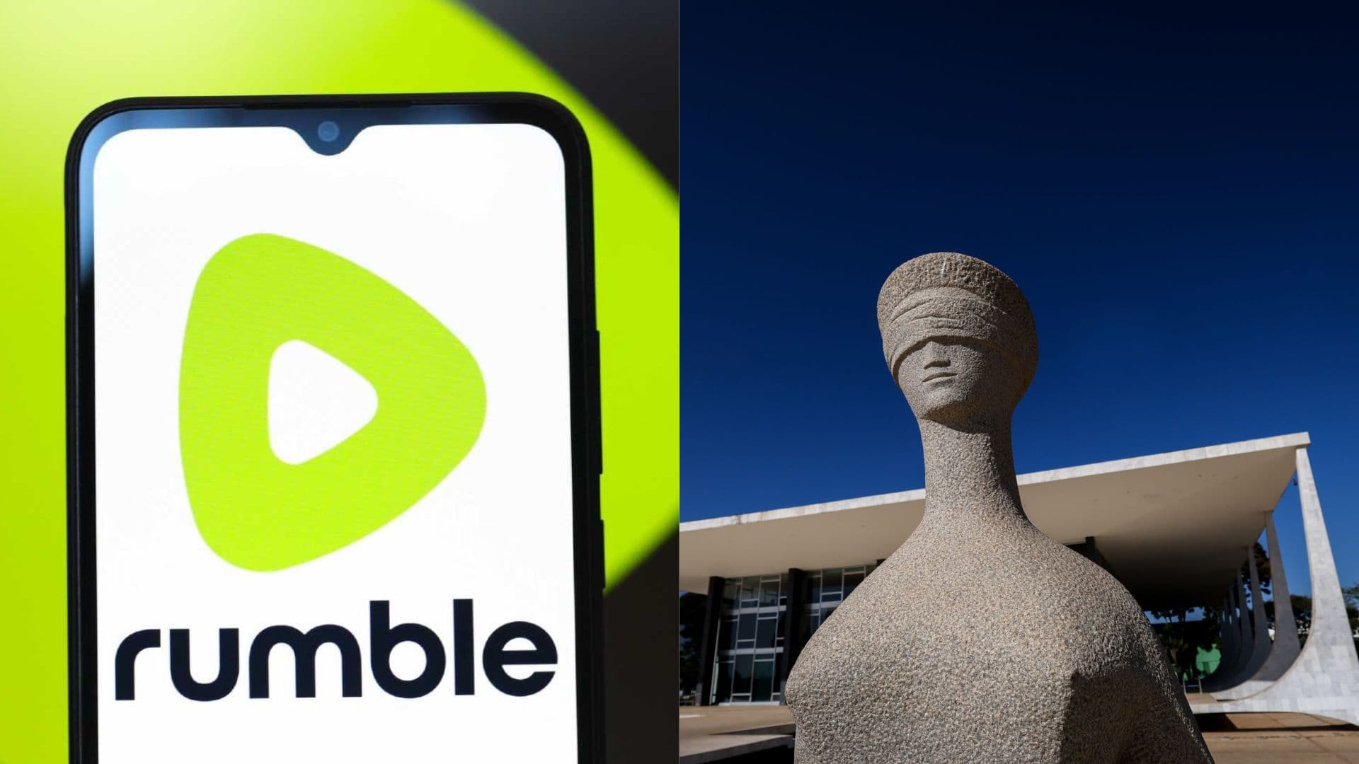 Logo da Rumble ao lado do monumento símbolo do Poder Judiciário no Brasil.
