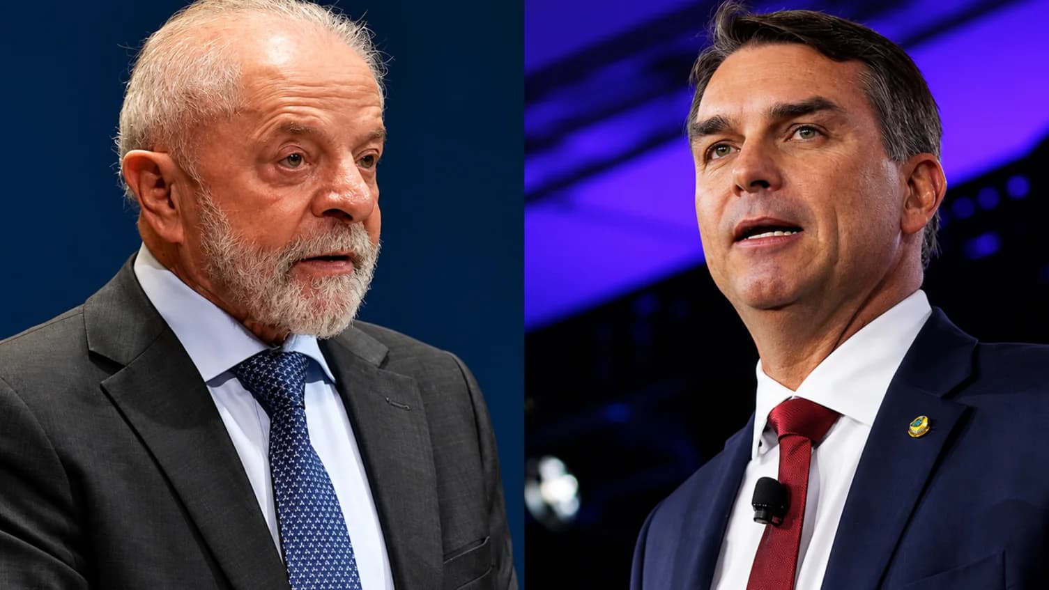 Os candidatos à Presidência Lula (PT) e Flávio Bolsonaro (PL)