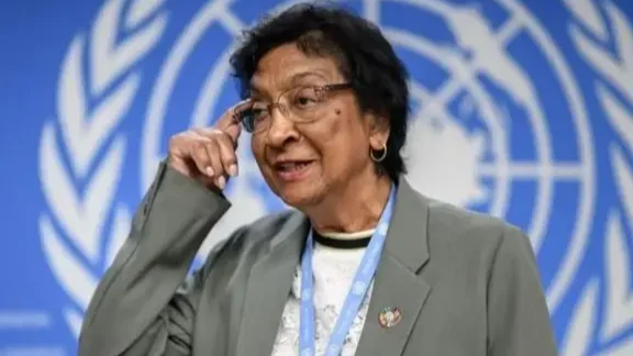 Navi Pillay fala diante do símbolo da ONU
