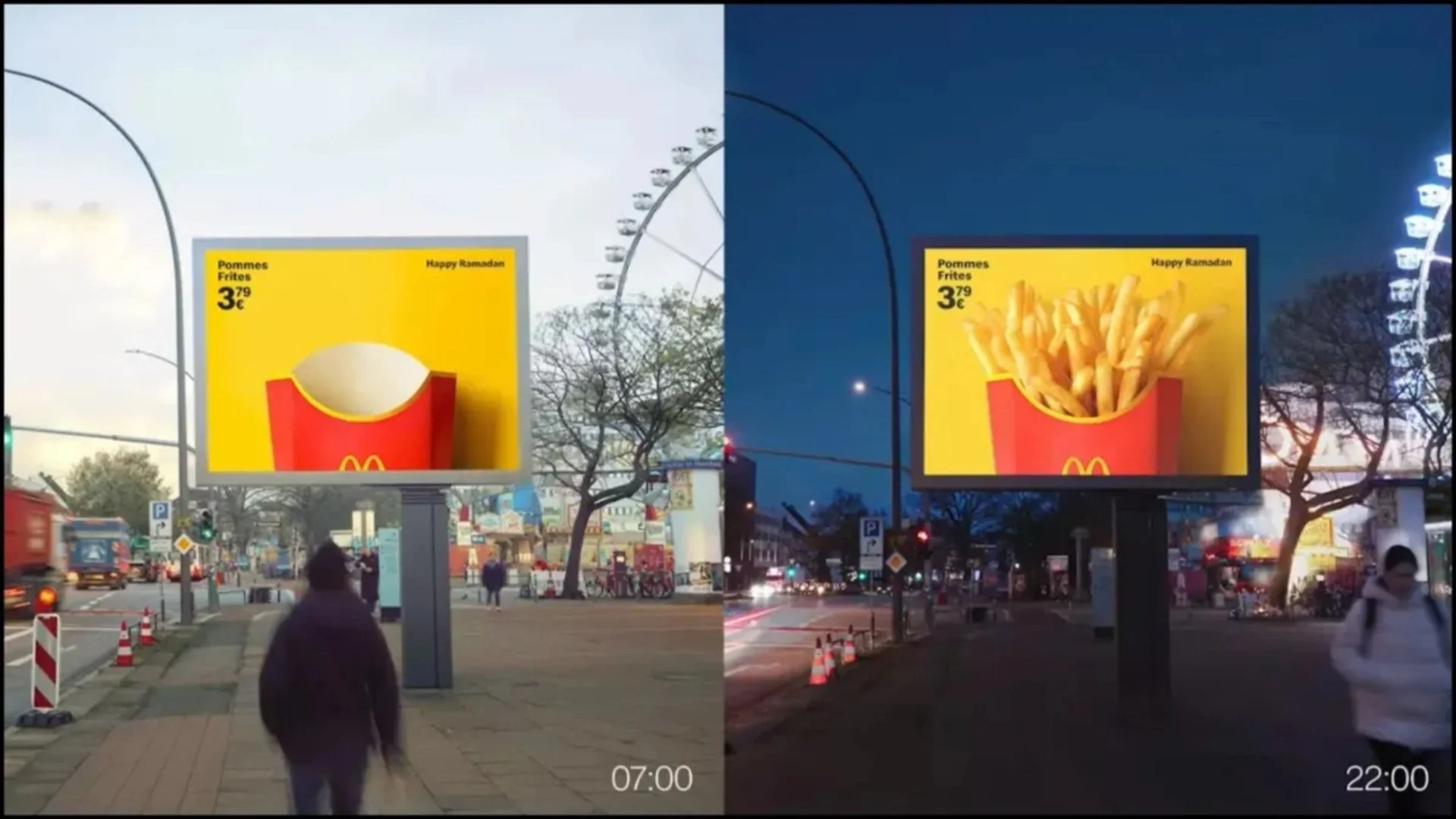 Painel do McDonald’s mostra batatas fritas apenas após o anoitecer, acompanhando o horário do iftar durante o mês sagrado islâmico.