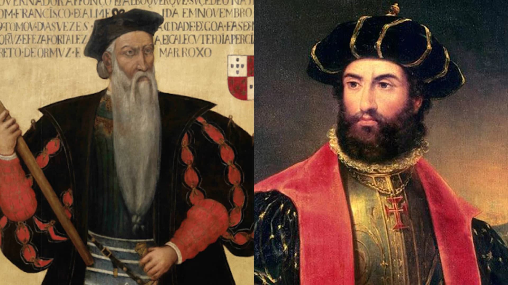 À esquerda, Afonso de Albuquerque. À direita, Pedro Álvares Cabral. 