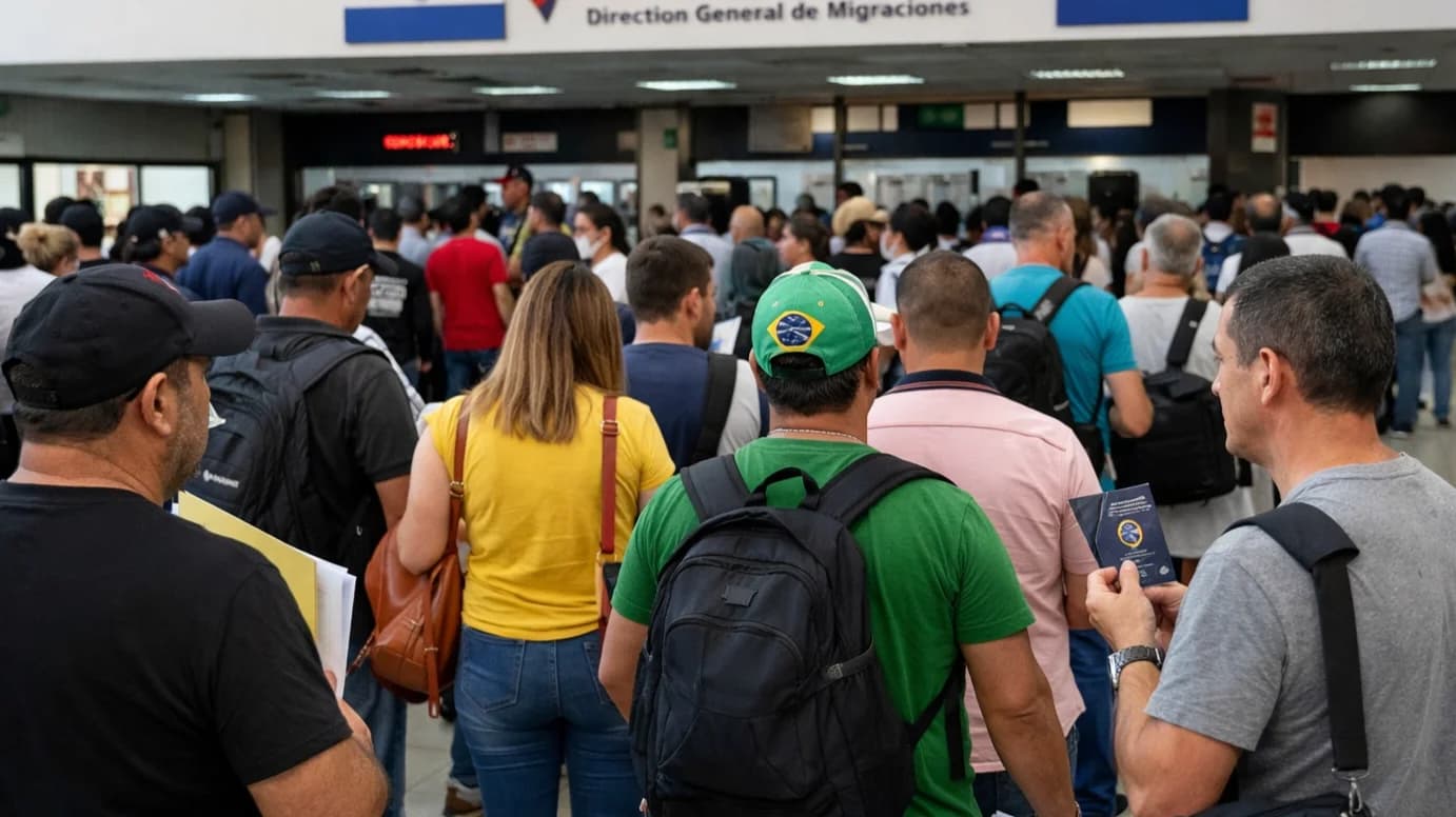 Fila de brasileiros no setor de migrações do Paraguai