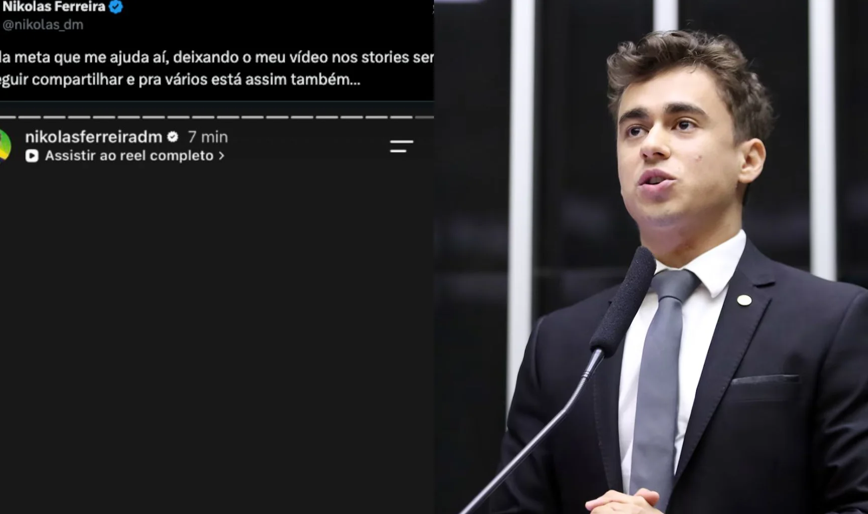 Publicação de Nikolas Ferreira no X e o deputado discursando na Câmara