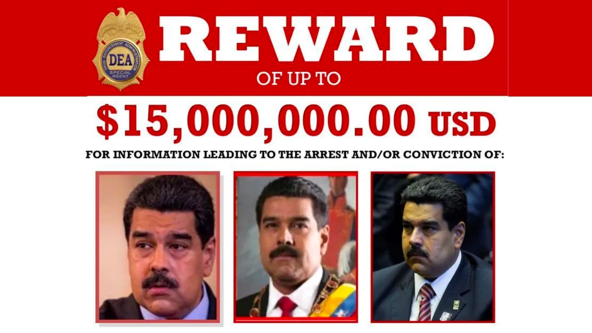 Cartaz do governo americano oferece recompensa por informções que levem à`prisão de Nicolás Maduro