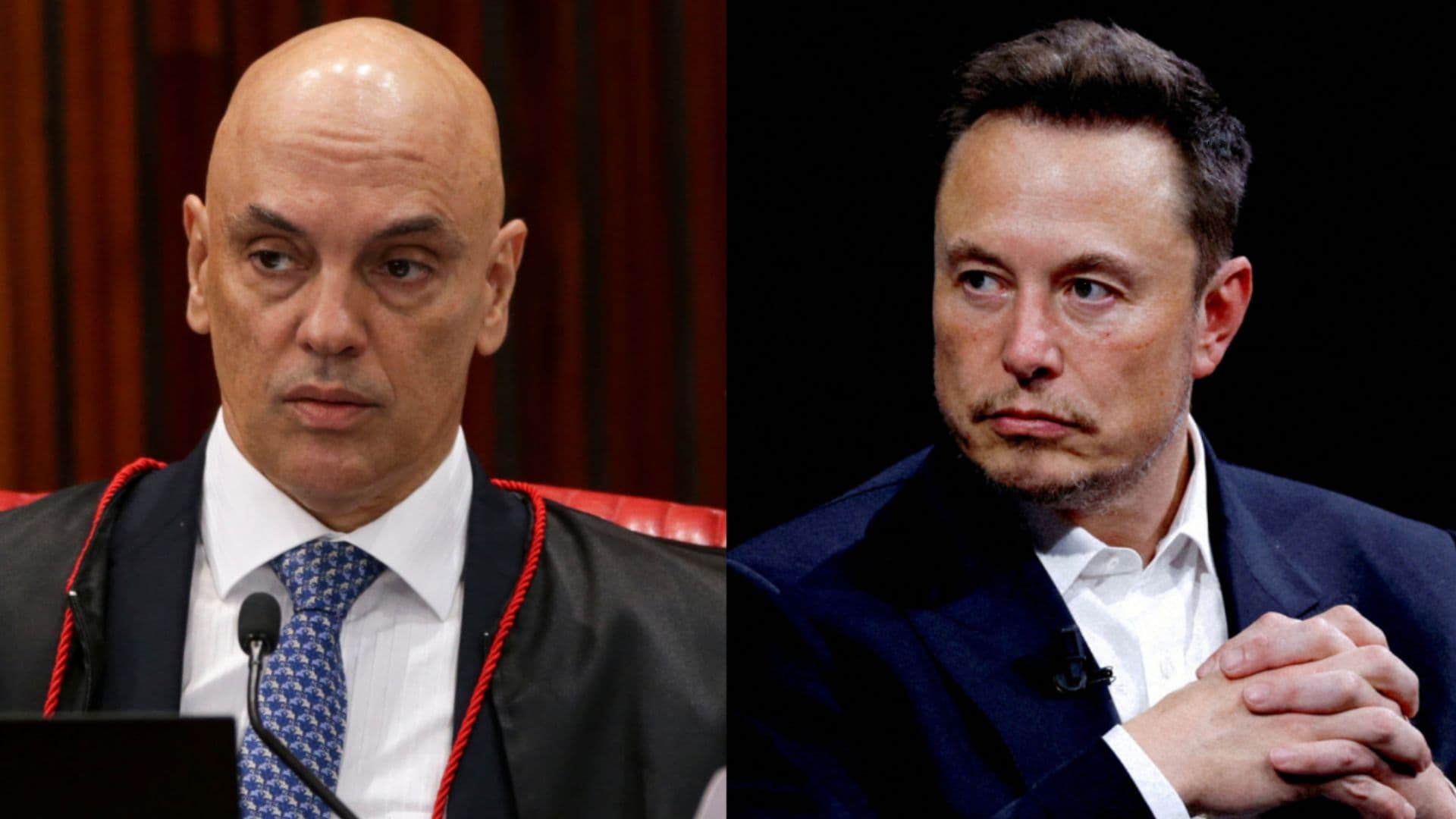 À esquerda da foto, ministro Alexandre de Moraes e à direita o dono do X, Elon Musk.
