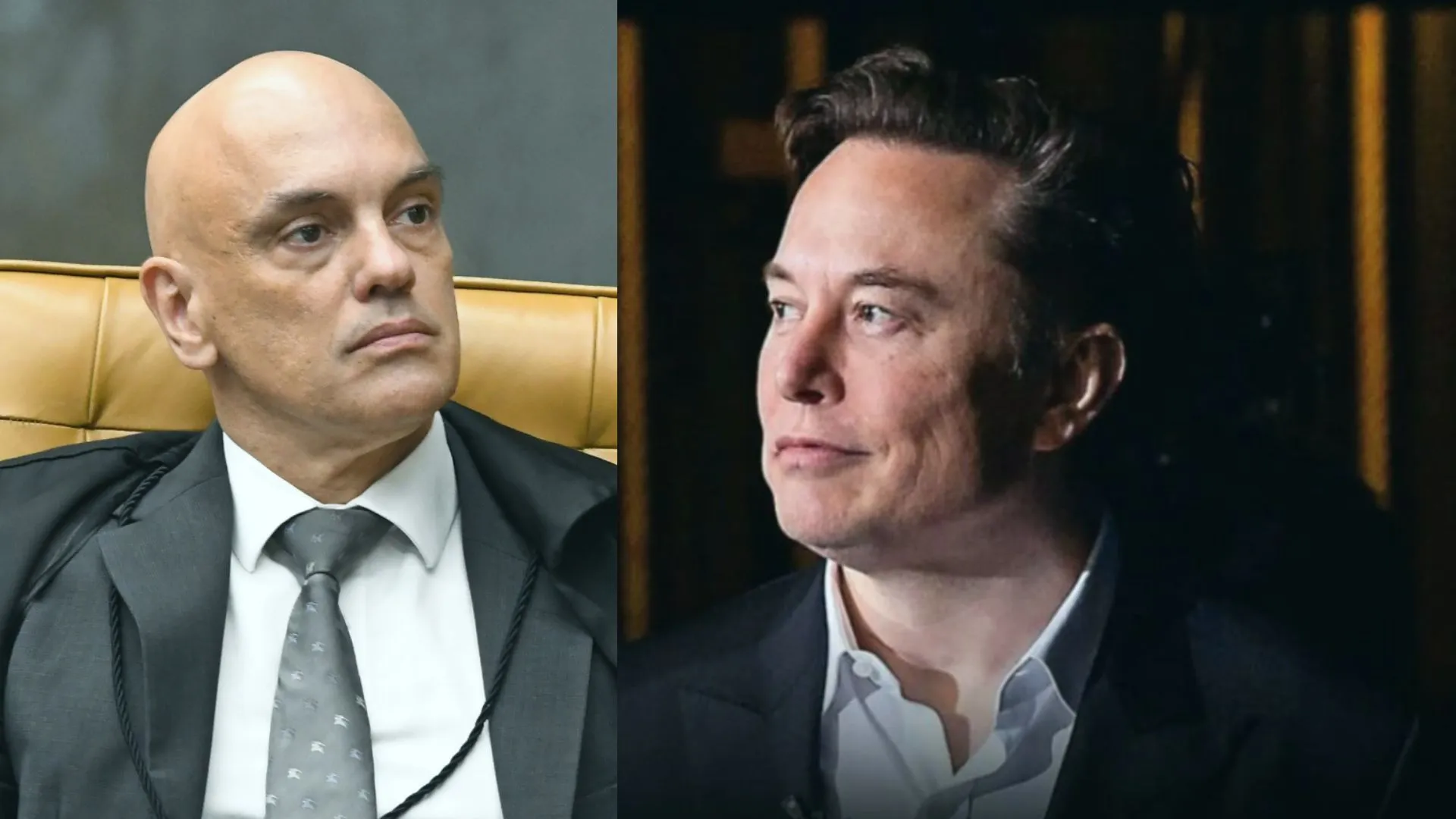 Esquerda: ministro Alexandre de Moraes. Direita: dono do X, Elon Musk.