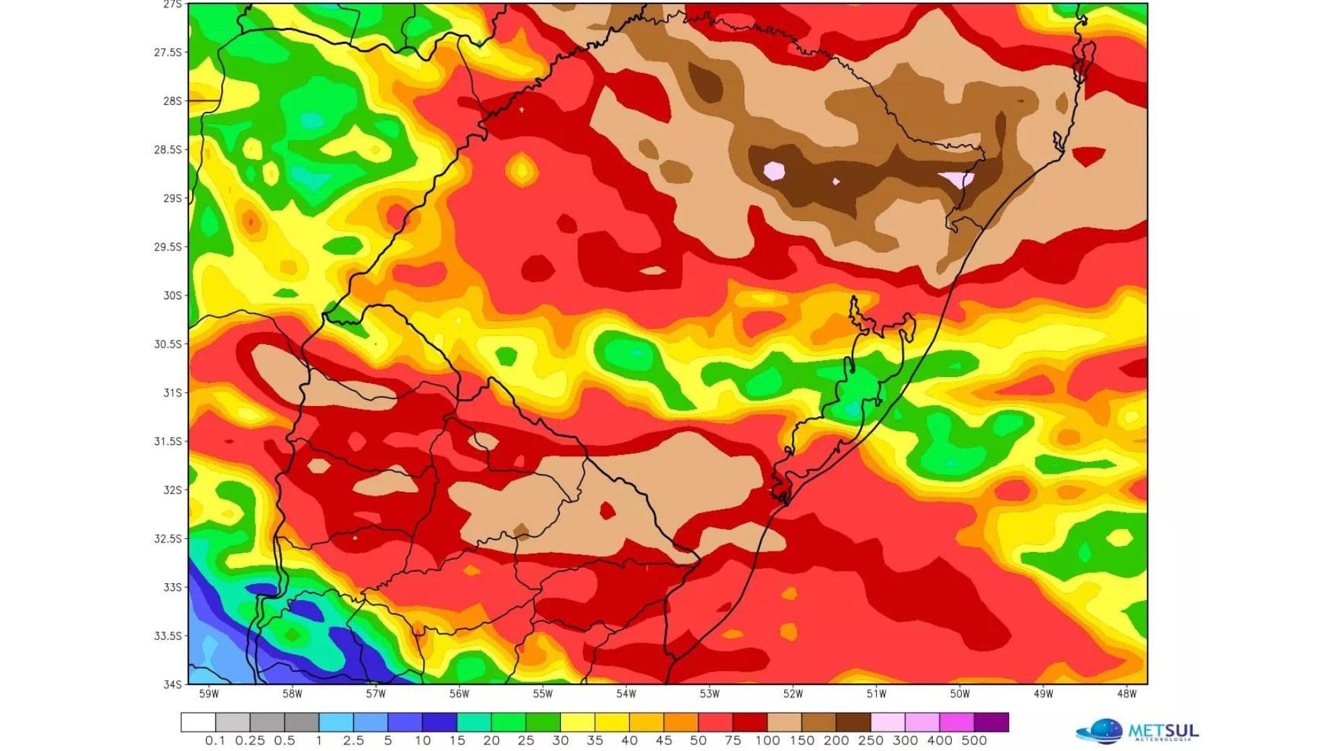 Mapa das previsão de chuvas para esta semana, conforme mais próximo da cor roxa maior o volume de precipitação (no caso as zonas marrons e rosas são os maiores)