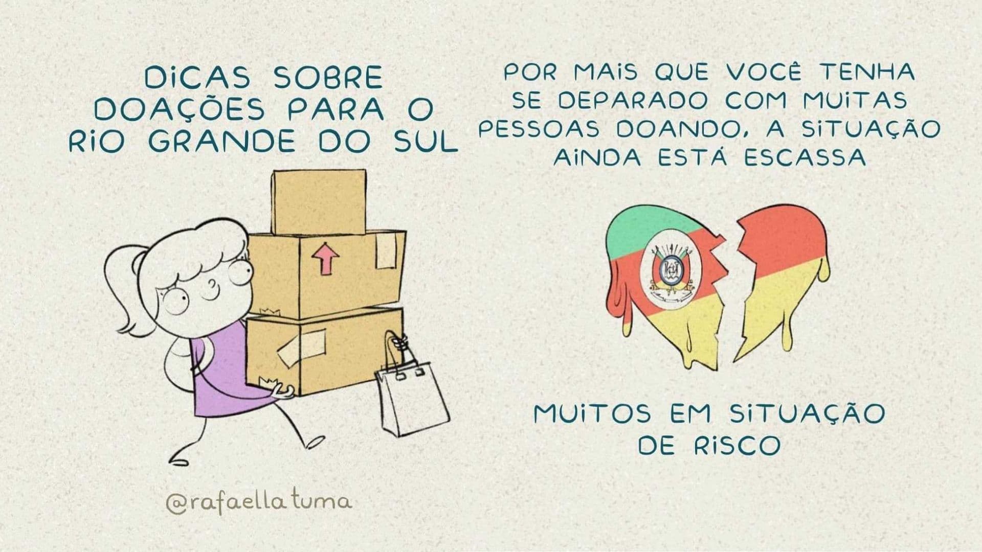 Ilustrações mostram a melhor forma de encaminhar as doações para o Rio Grande do Sul