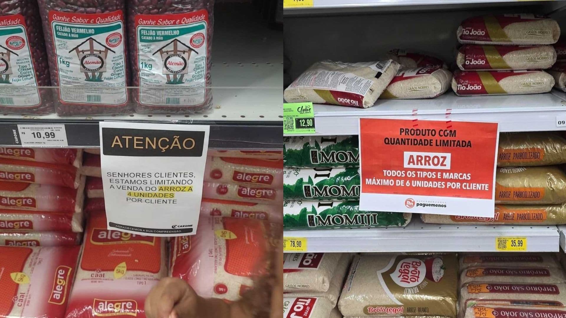 Fotos de gôndolas de supermercado com avisos de limite de compra de arroz