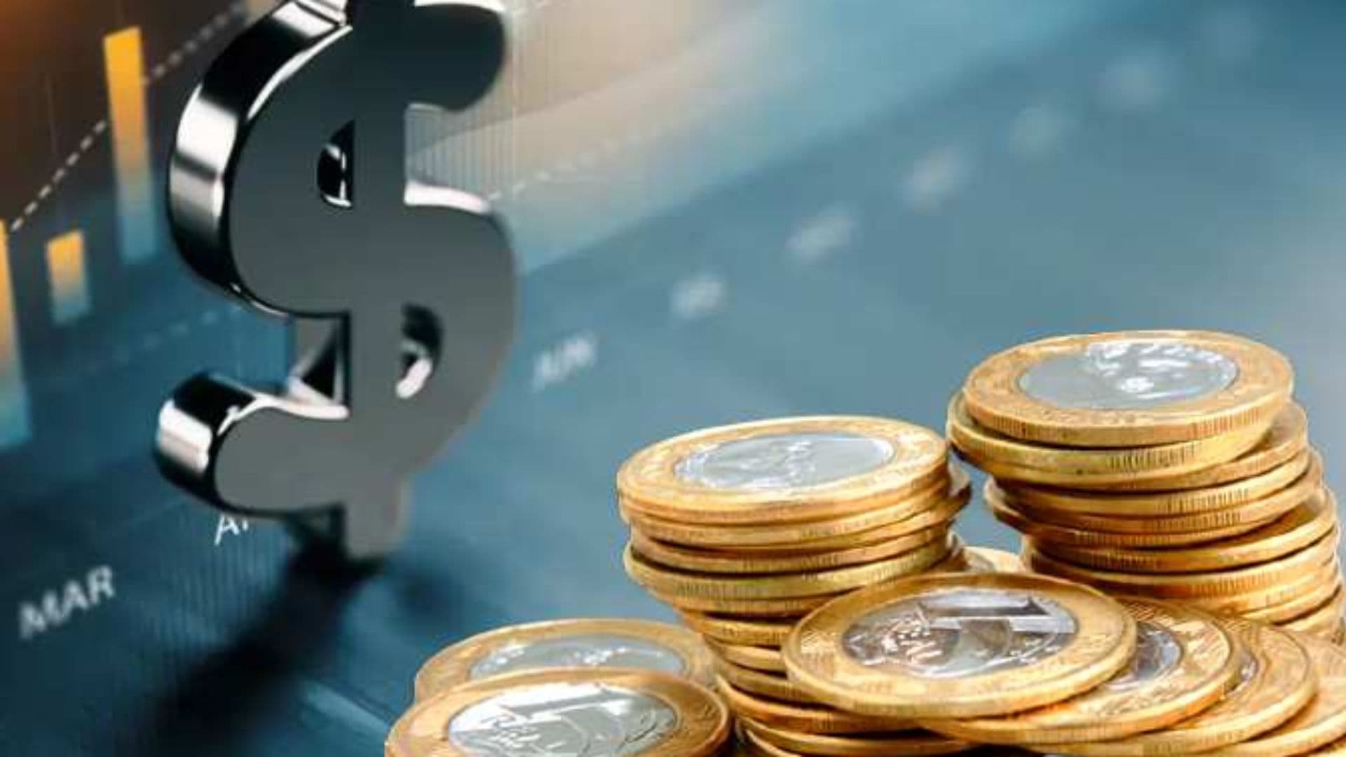 Moedas e um símbolo de dinheiro aparecem na imagem
