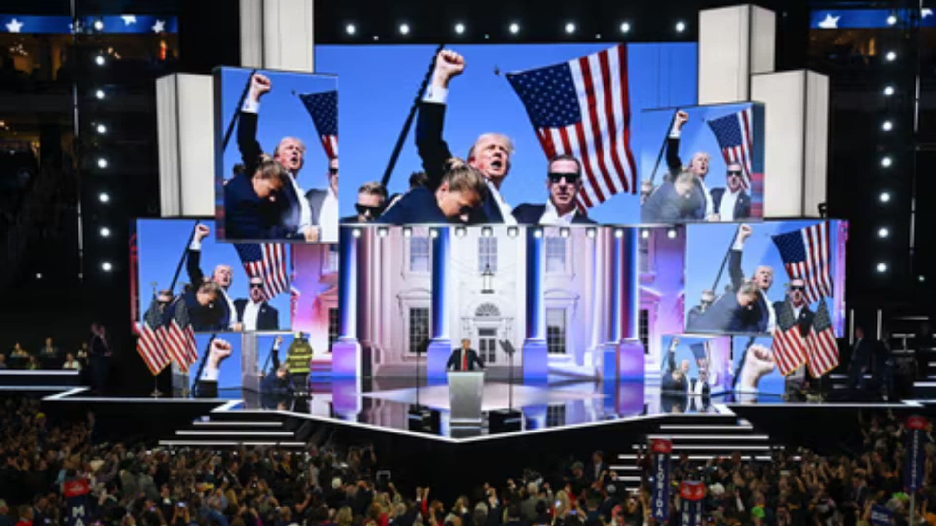 Trump discursando na Convenção Nacional Republicana no momento em que falavam sobre o atentado.