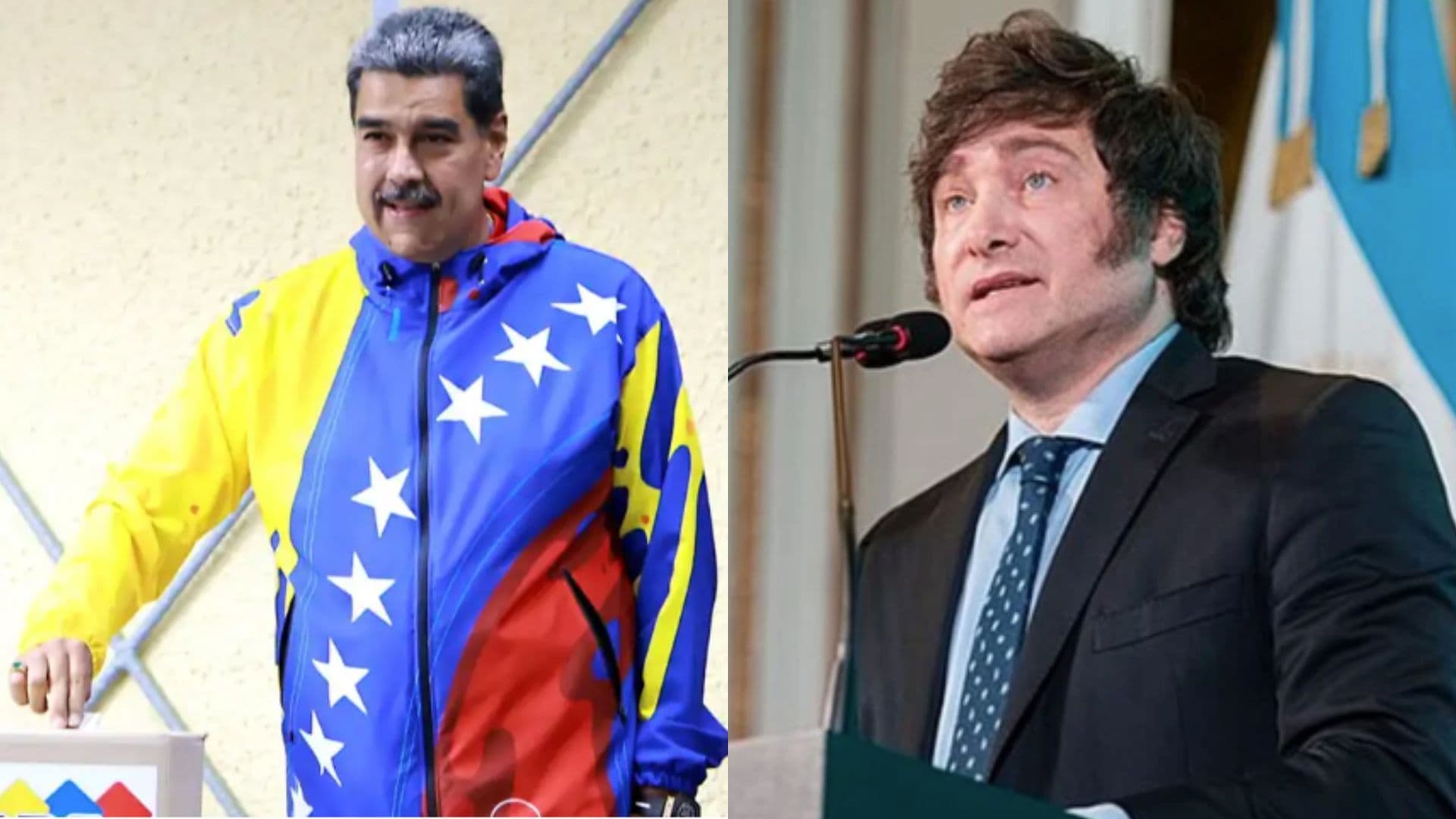 O ditador Nicolás Maduro aparece à esquerda e o presidente argentino, Javier Milei, a direita