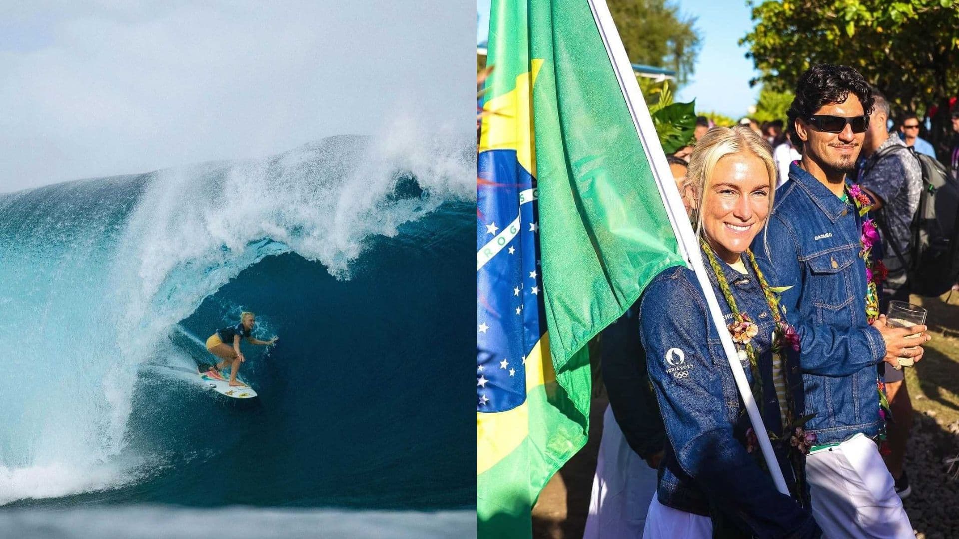 A esquerda, Tatiana aparece surfando. A direita, a atleta aparece carregando a bandeira do Brasil
