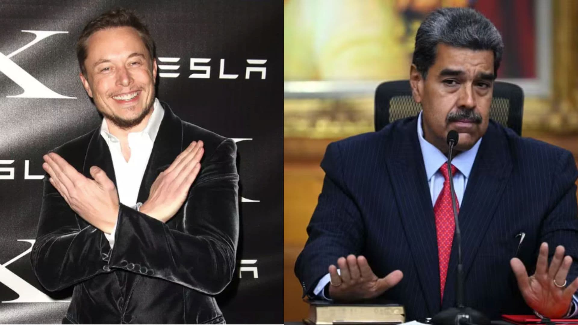 Do lado direito aparece Elon Musk sorrindo. Do lado esquerdo aparece Maduro atrás de uma escrivaninha
