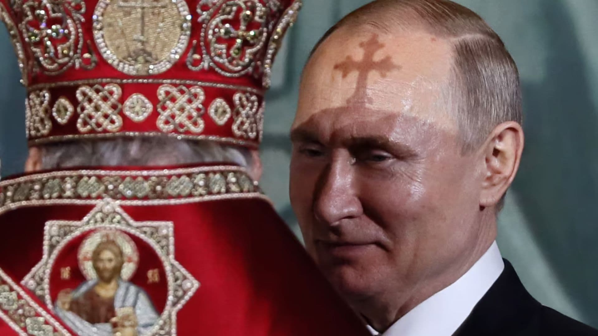 Putin em frente a um sacerdote ortodoxo.