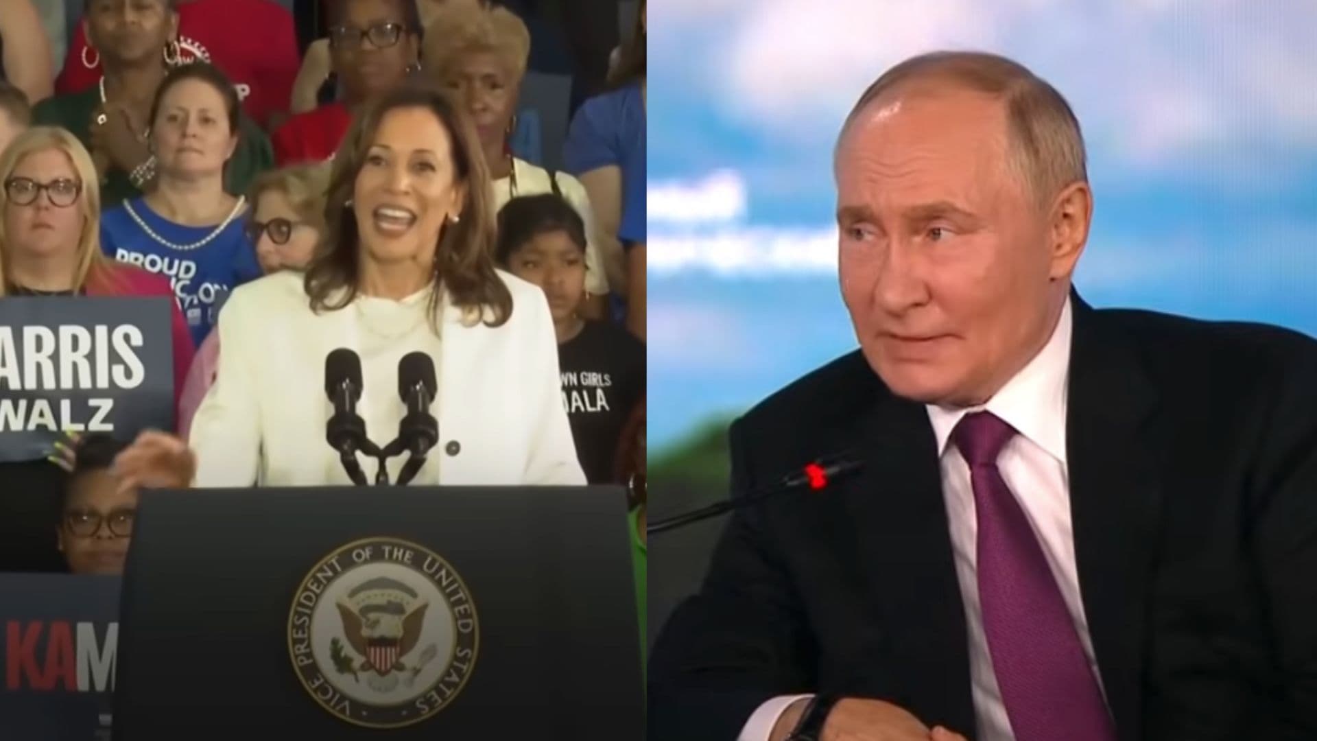A direita está Kamala Harris, Vice-presidente dos EUA. Ela está discursando para pessoas atrás de um púlpito. Há uma placa na qual se lê: Vice-presidente dos Estados Unidos. A esquerda está Vladimir Putin. Ele está sendo entrevistado. Esta levemente inclinado para a esquerda. Na montagem, ele parece falar com Kamala.