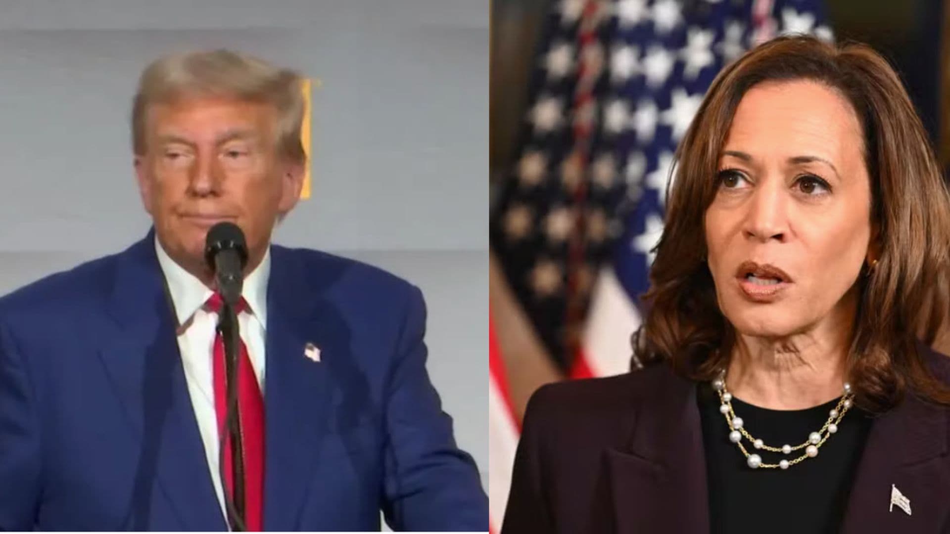 Kamala e Donald Trump aparecem. Trump esta a esquerda e Kamala a direita. Ele veste terno azul e ela blusa preta.