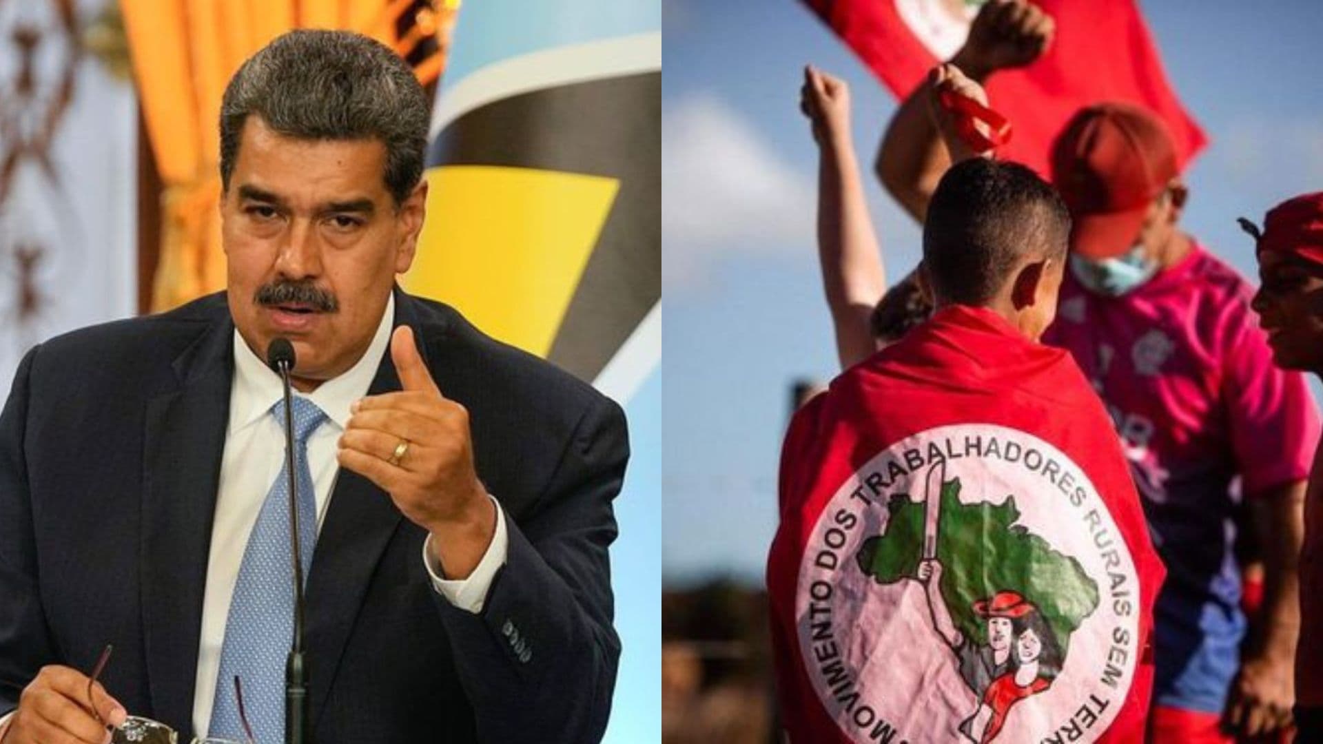 A esquerda aparece o ditador Nicolás Maduro. A direita, membros do MST.