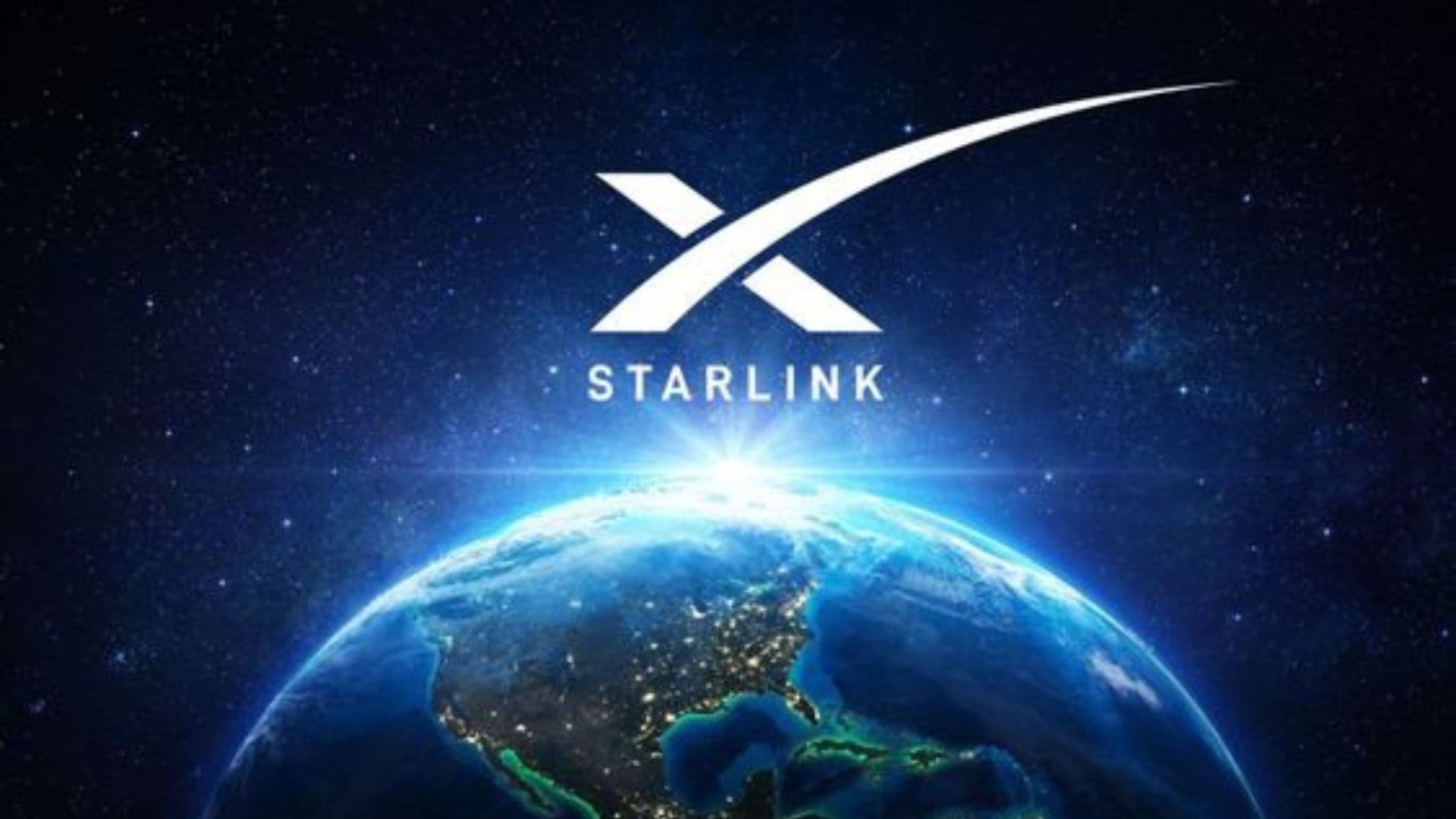 Globo terrestre aparece iluminado por uma luz azul. Acima esta a logo da Starlink