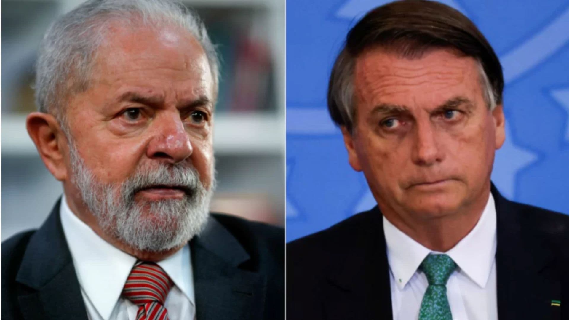 À esquerda Lula aparece de semblante fechado. À direta aparece Bolsonaro de semblante fechado