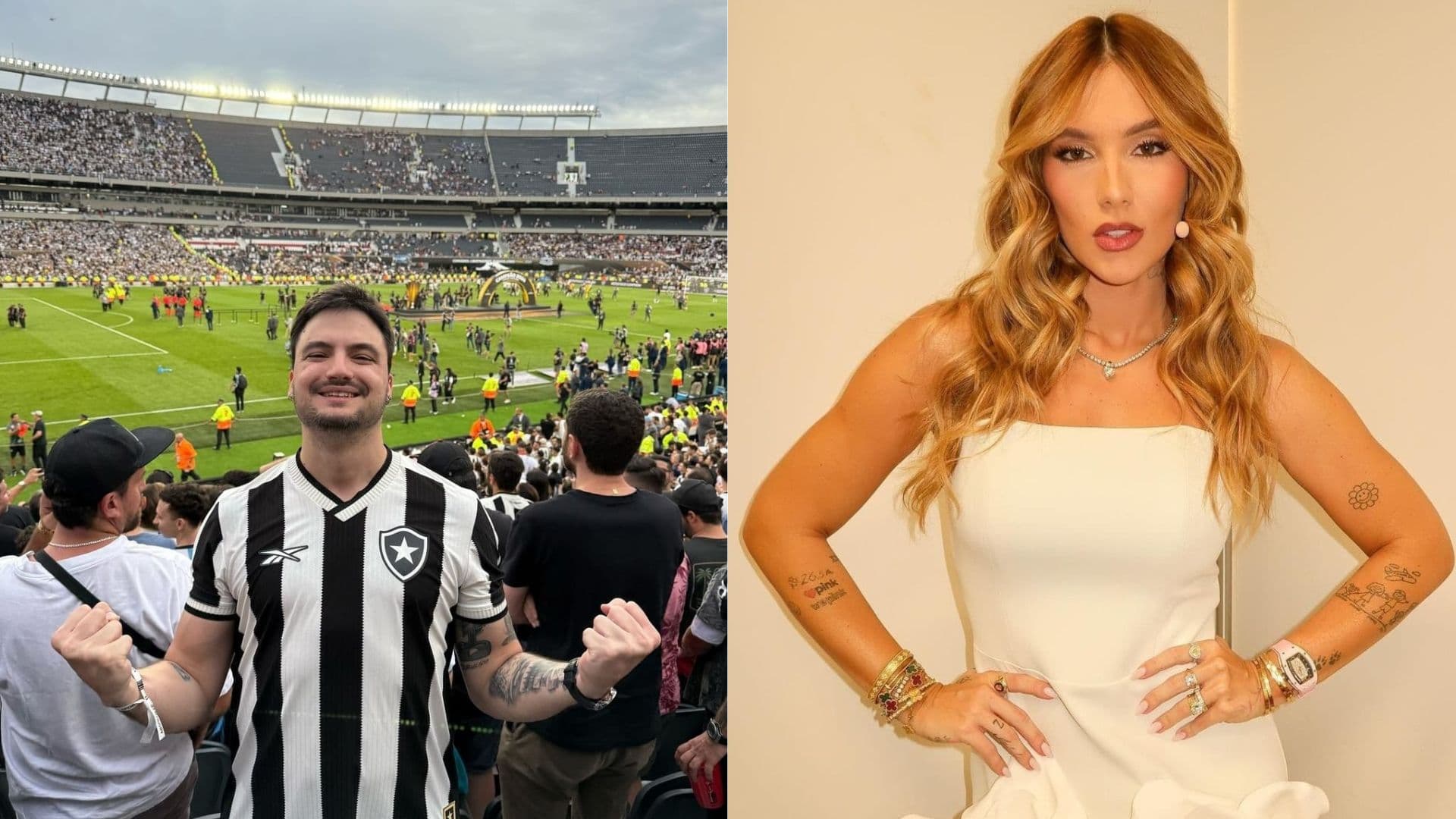 A esquerda aparece Felipe Neto e a direita virgínia. Ele usa uma camisa do Botafogo e está na final da Libertadores. Ela usa branco e está com as mãos na cintura. Senado quer ouvir Virgínia, Felipe Neto e outros sobre bets