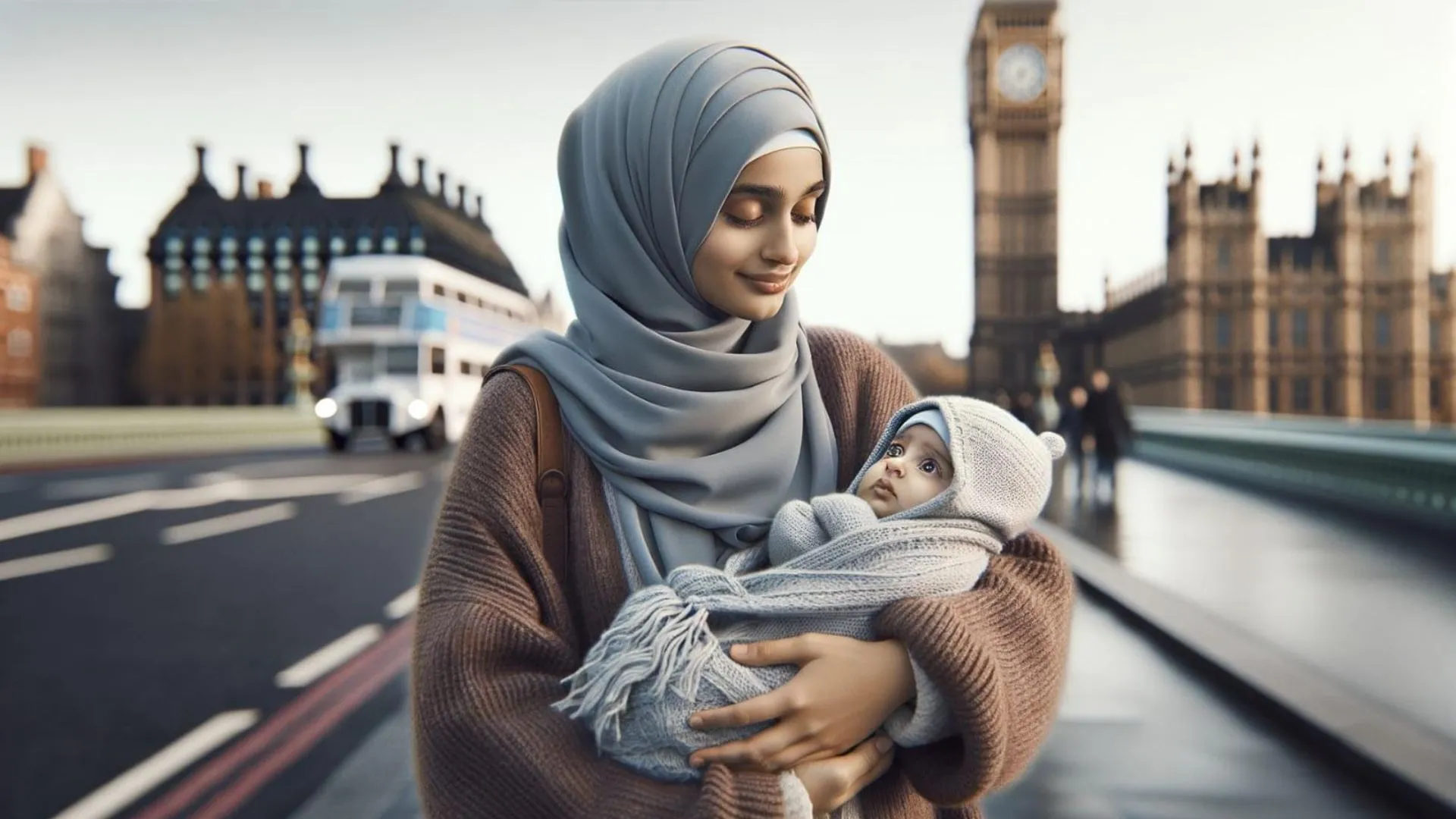 Mulher muçulmana segurando bebê em frente ao Big Bang, um dos pontos turísticos mais conhecidos da capital inglesa, Londres.