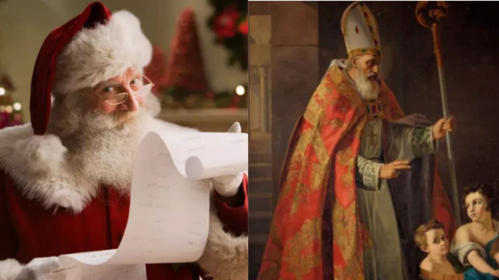 Papai Noel à esquerda. A direita ícone de São Nicolau - O Santo católico que bateu em quem negava Jesus como Deus se tornou um dos maiores símbolos de generosidade do mundo. Entenda