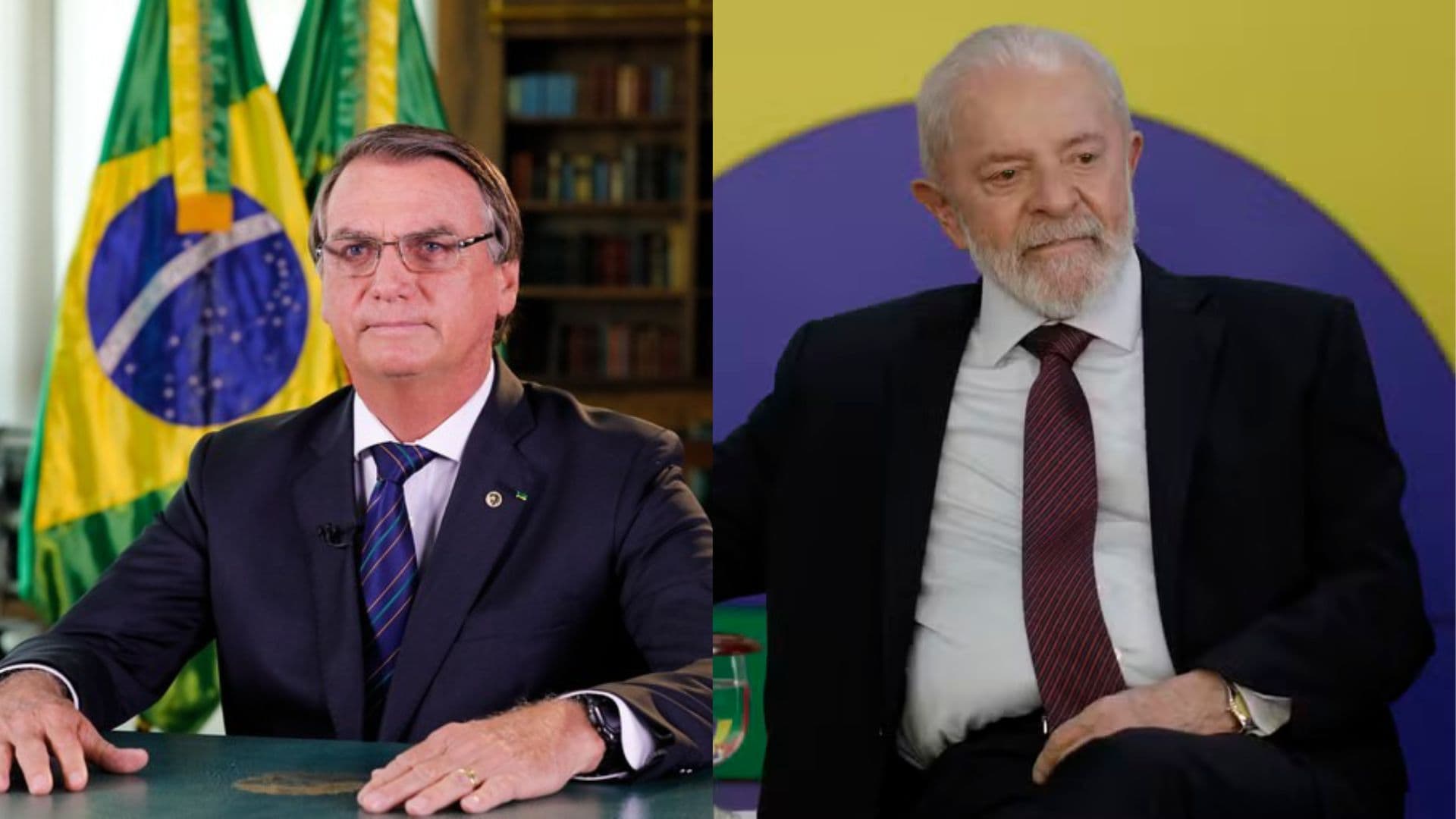 A direita Bolsonaro aparece em um pronunciamento. A direita, Lula aparece em um evento.