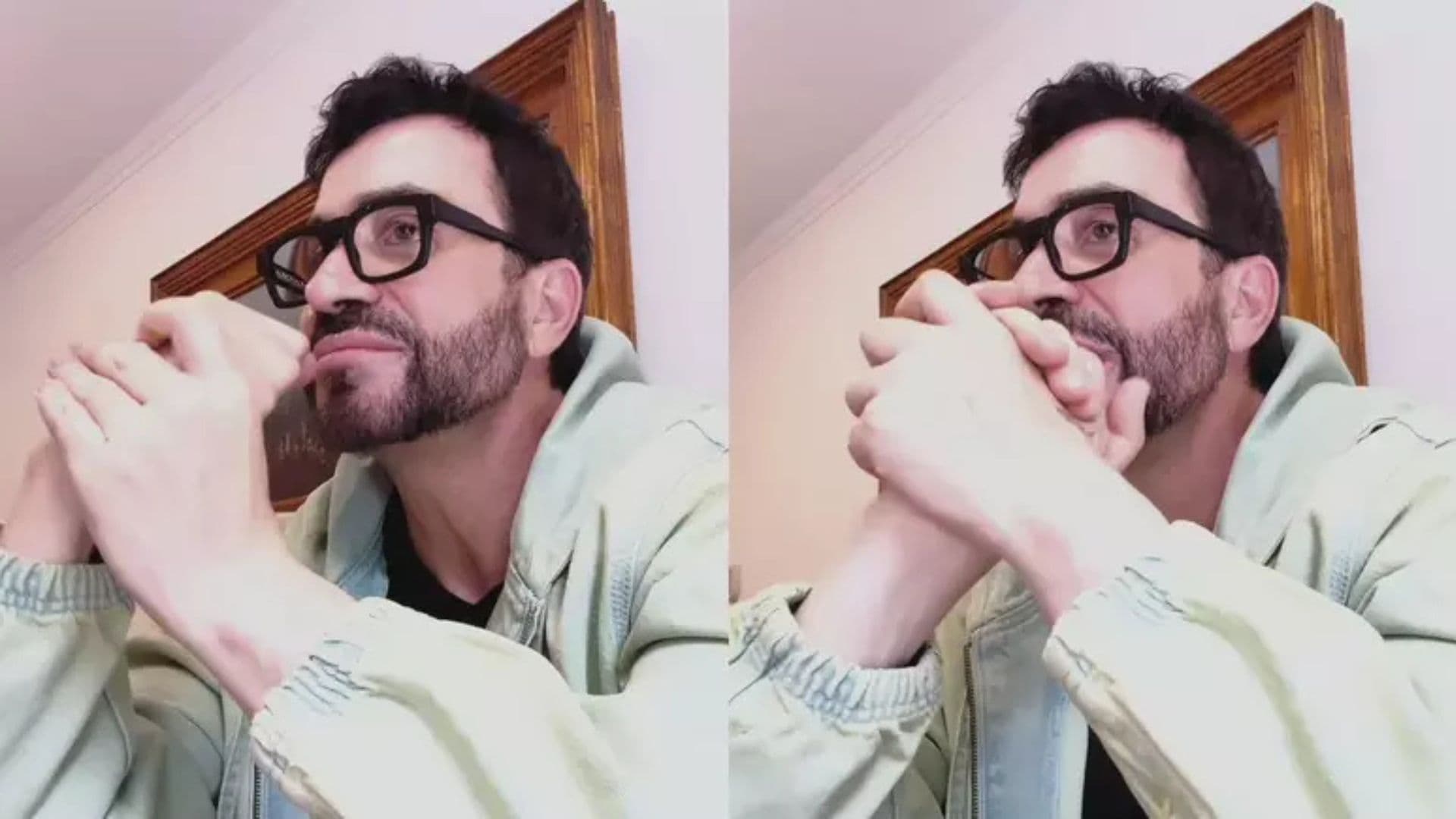 Padre Fábio aparece falando sobre a melancolia no Instagram. Ele está de camisa verde e olha para o nada.
