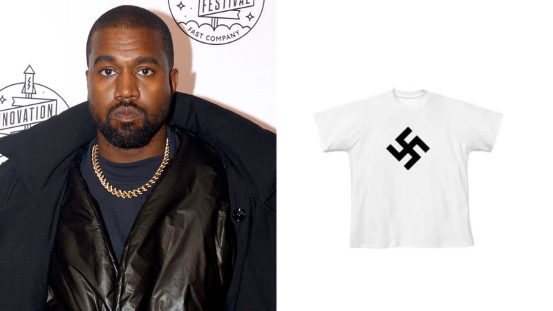 Kanye West ao lado de uma foto da camiseta vendida em seu site.