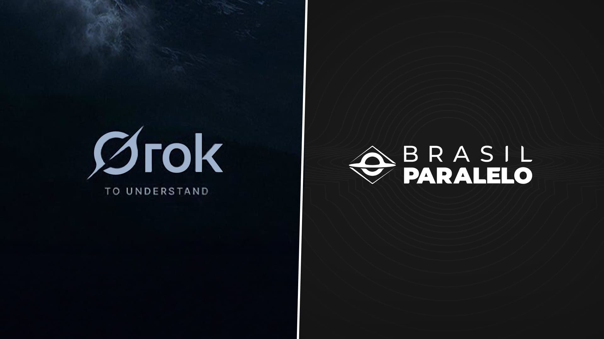 À esquerda a logo da nova IA de Elon Musk, Grok 3. À direita a logo da Brasil Paralelo.