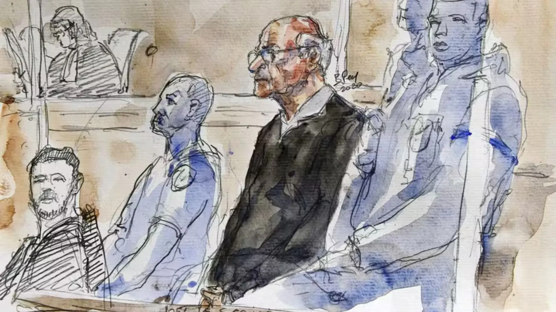 Desenho do julgamento de Joel Le Scouarnec, médico que abusou de quase 300 pacientes.