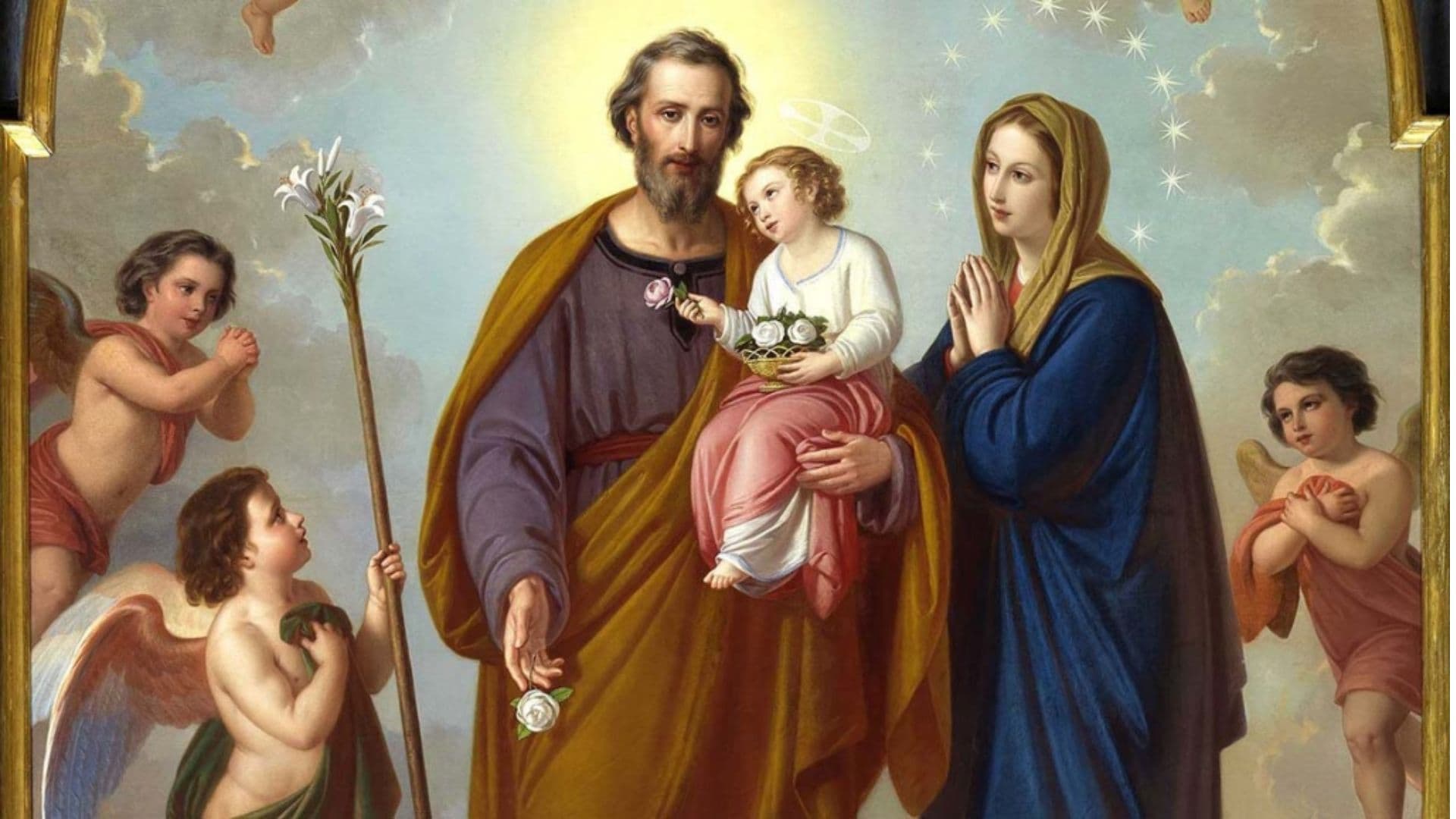 Pintura de São José segurando o menino Jesus ao lado de Maria.