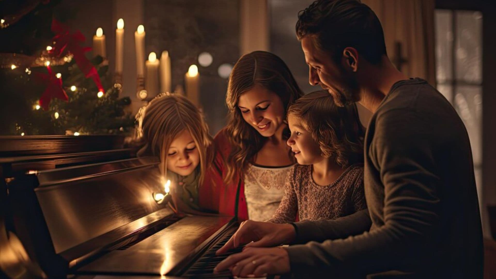 Marido e esposa tocando para o filho pequeno.