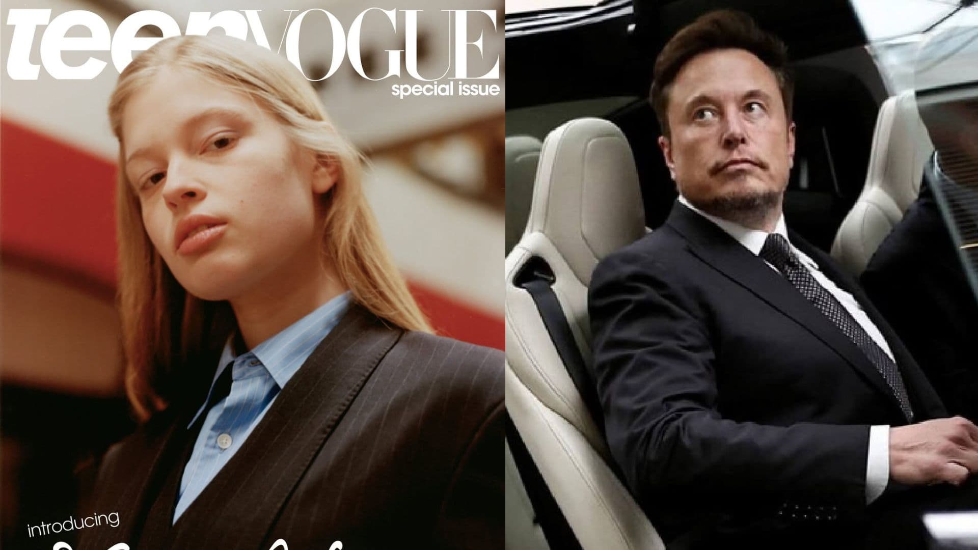 À esquerda, Vivian Jenna Wilson na capa da Teen Vogue. À direita, Elon Musk.
