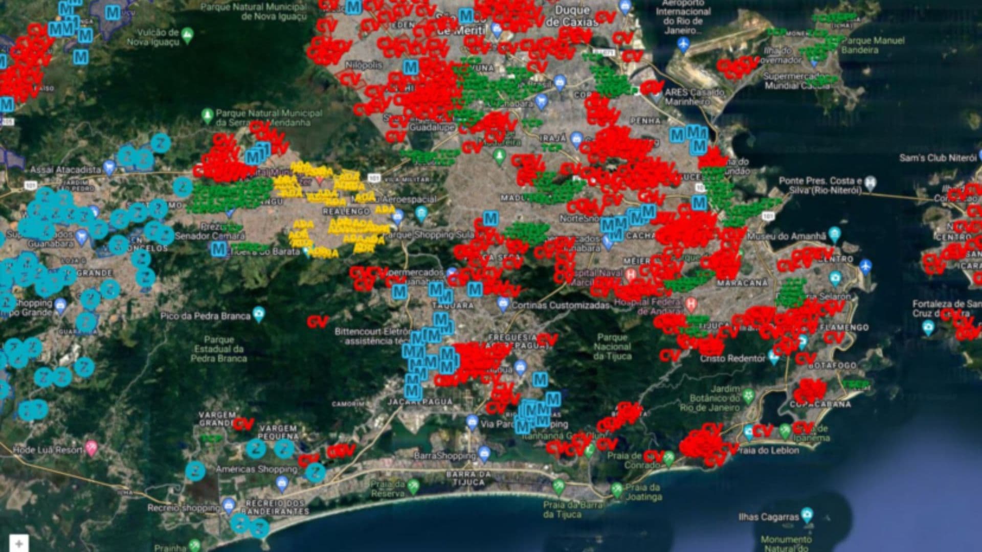 mapa mostrando as regiões controladas por facções no Rio de Janeiro.