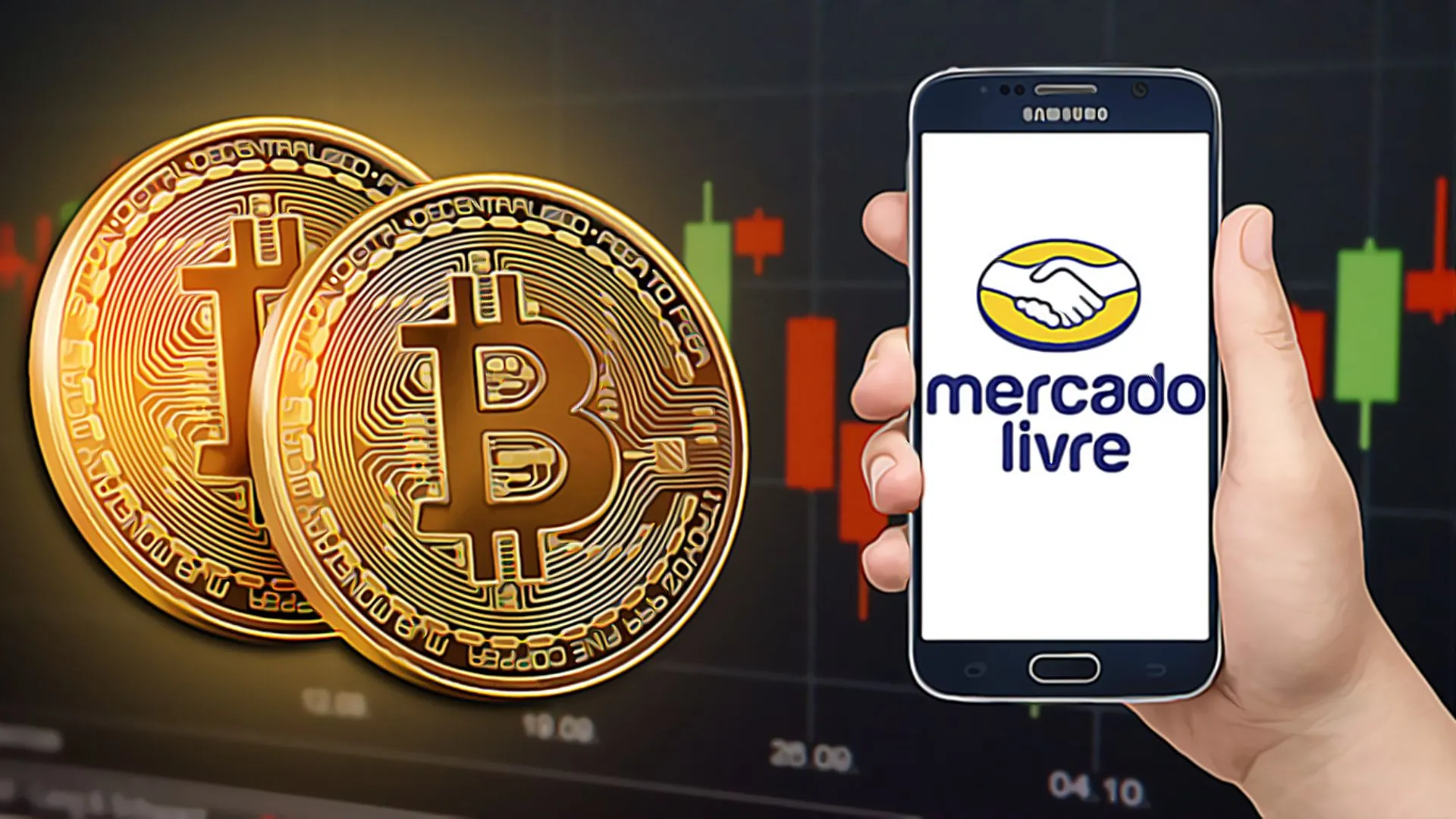 Logo do mercado livre e moedas com simbolo do bitcoin