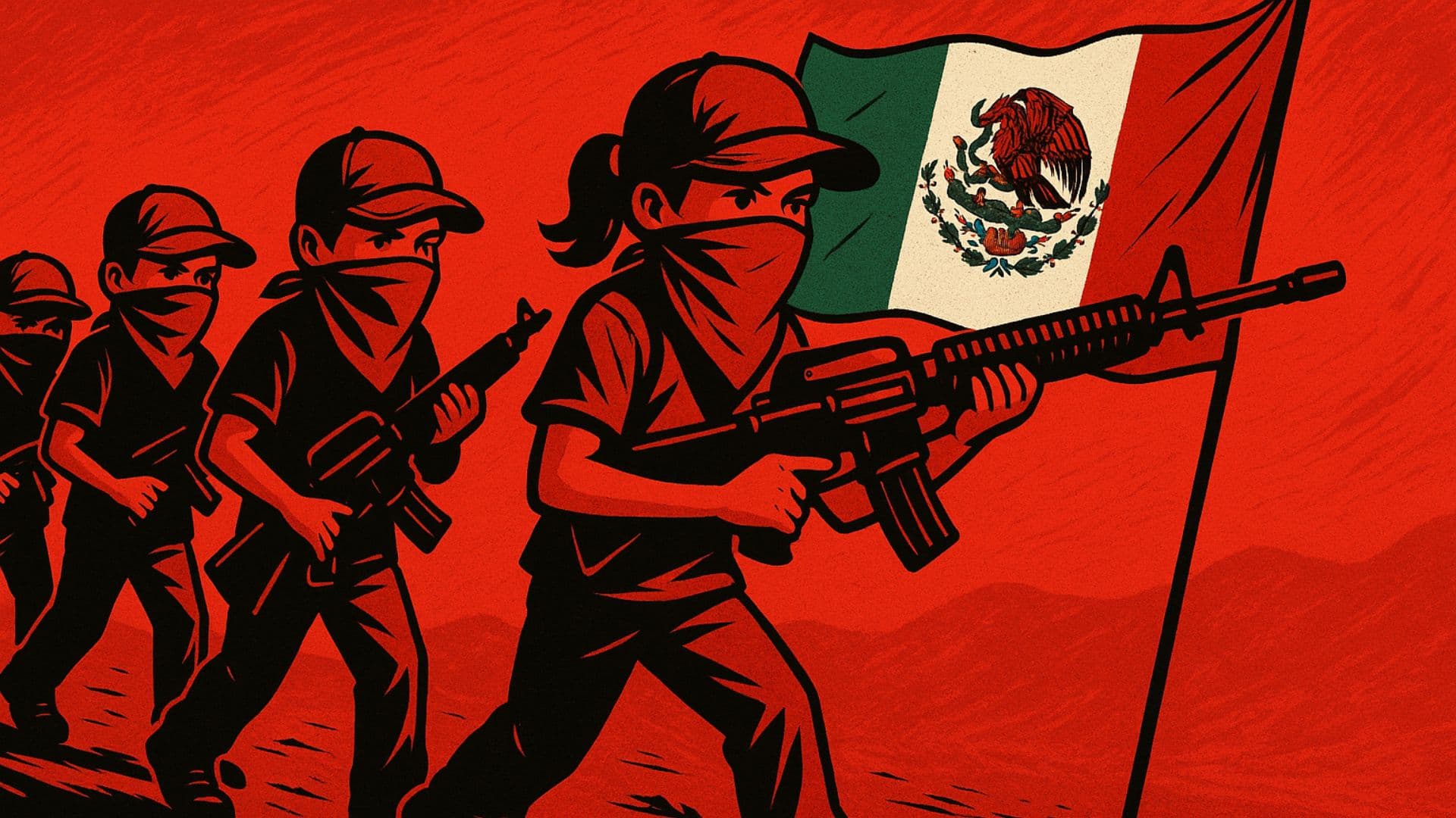 Charge de crianças segurando fuzis no méxico