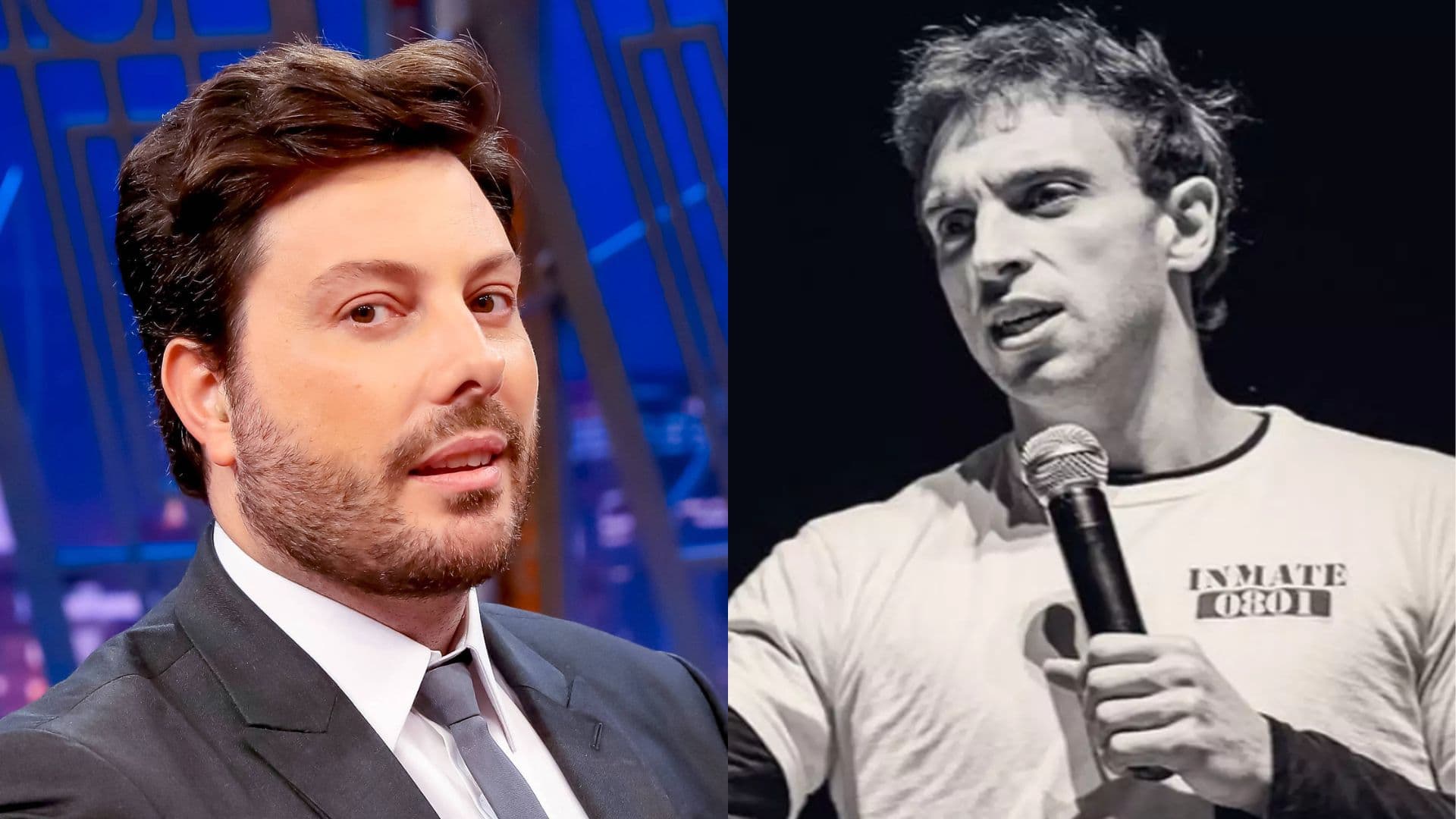 À esquerda, o apresentador Danilo gentili, à direita, o comediante Léo Lins que recentemente sofreu a condenação de 8 anos de prisão.