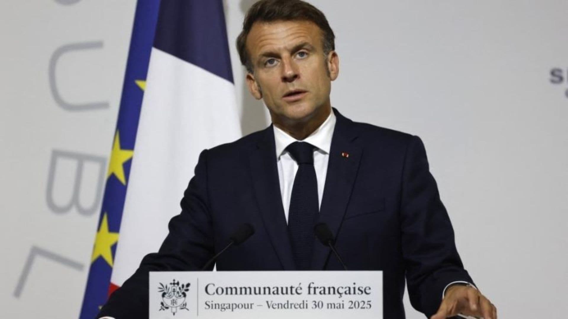 Macron durante pronunciamento sobre redes sociais.