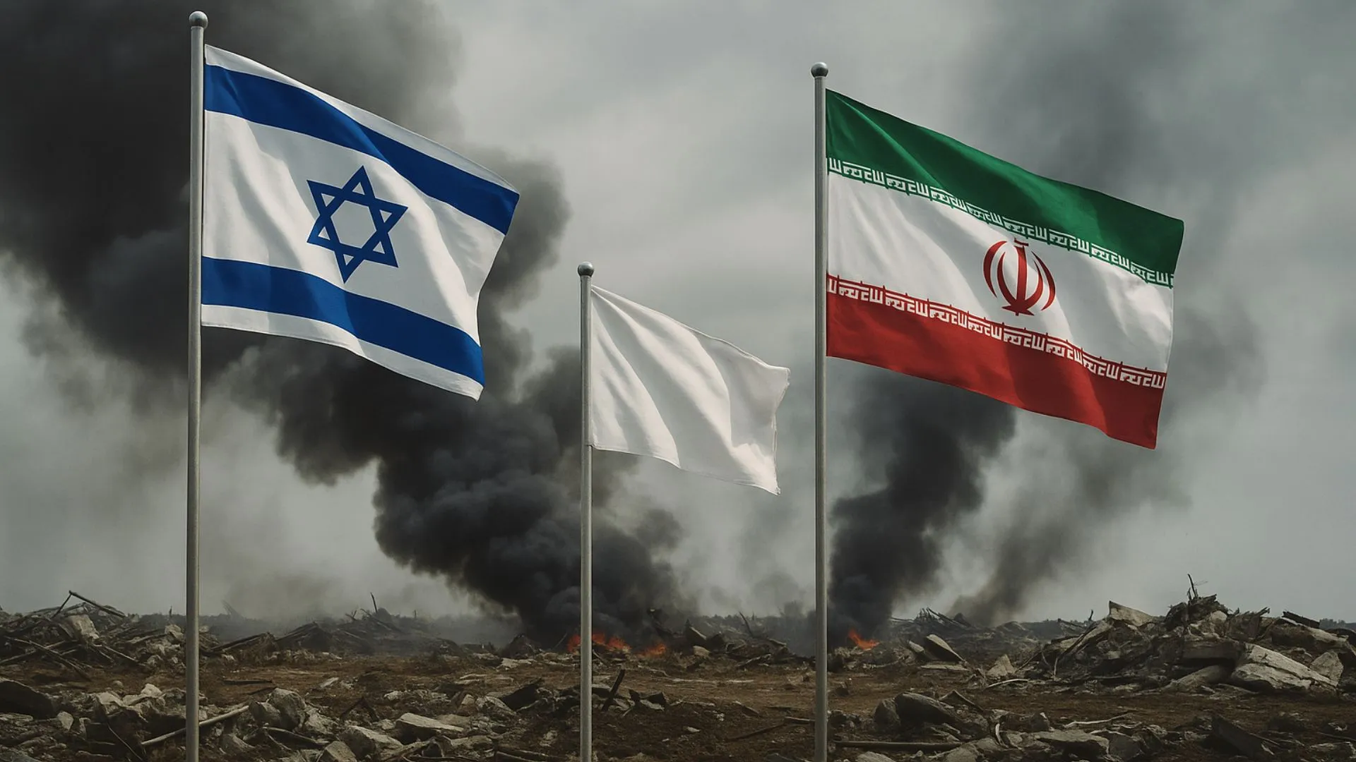 Bandeiras de Israel e Irã com uma bandeira de Trégua no meio