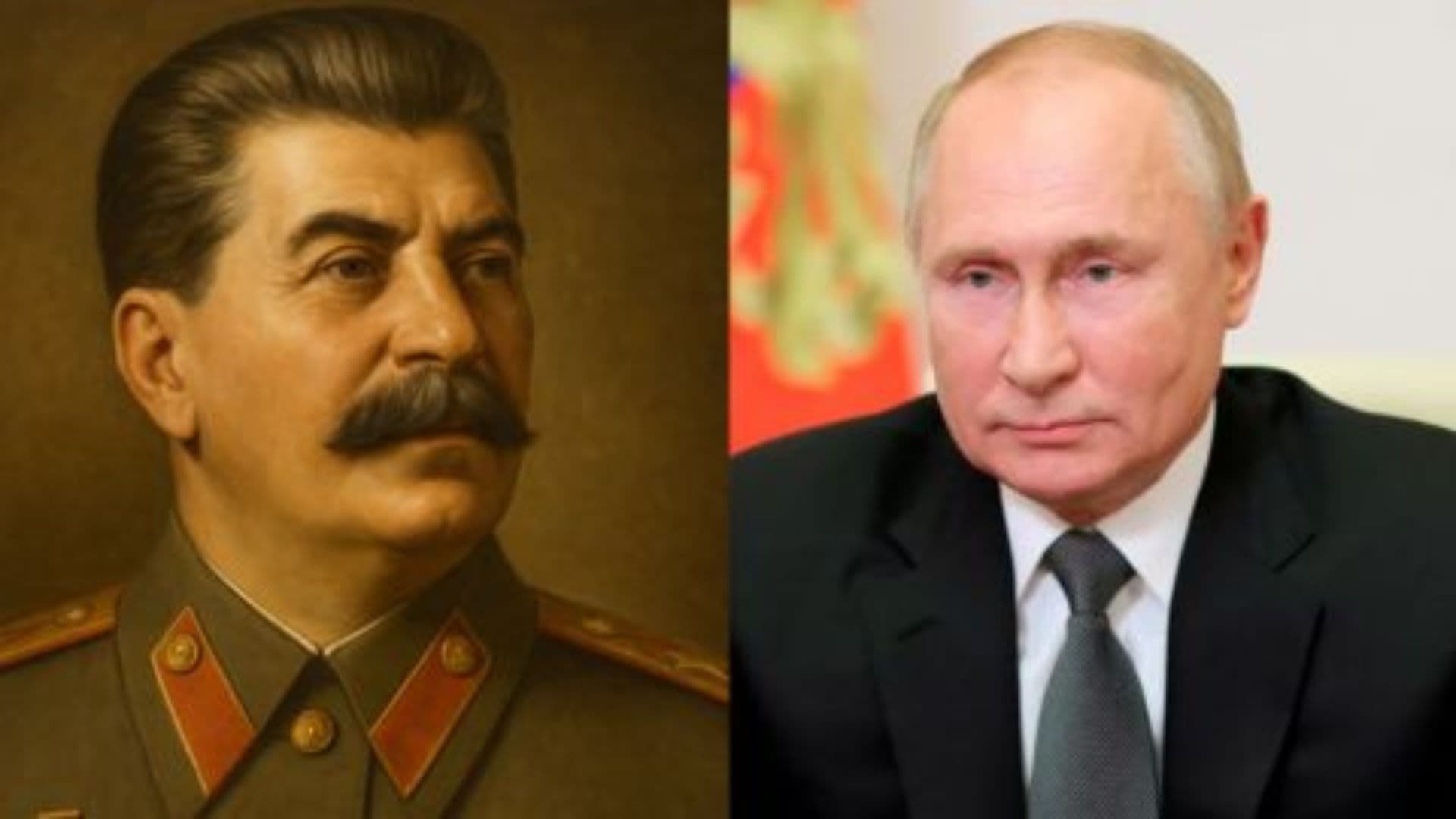À esquerda: Joseph Stalin; à direita: Vladimir Putin.