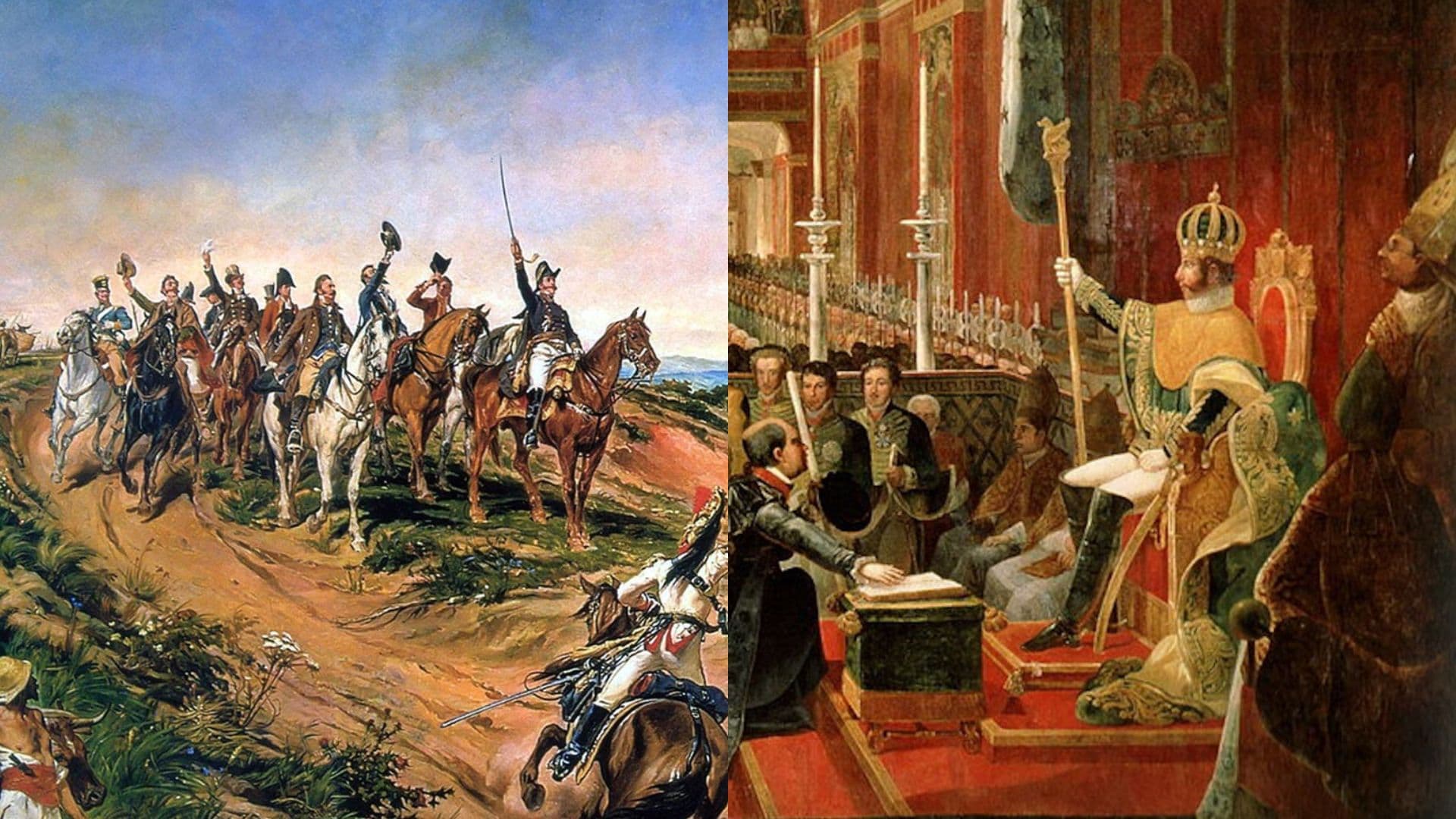 Ao lado esquerdo, uma representação do Grito do Ipiranga. Ao lado direito, uma representação da coroação de Dom Pedro I.