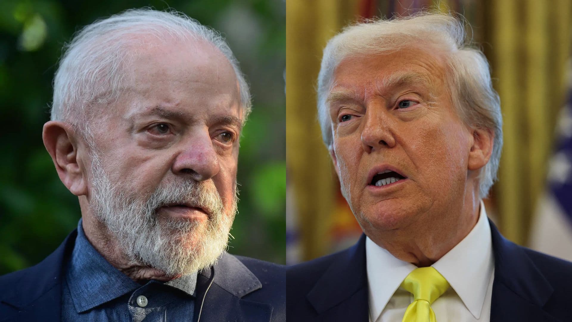 À esquerda, Lula. À direita, Trump.