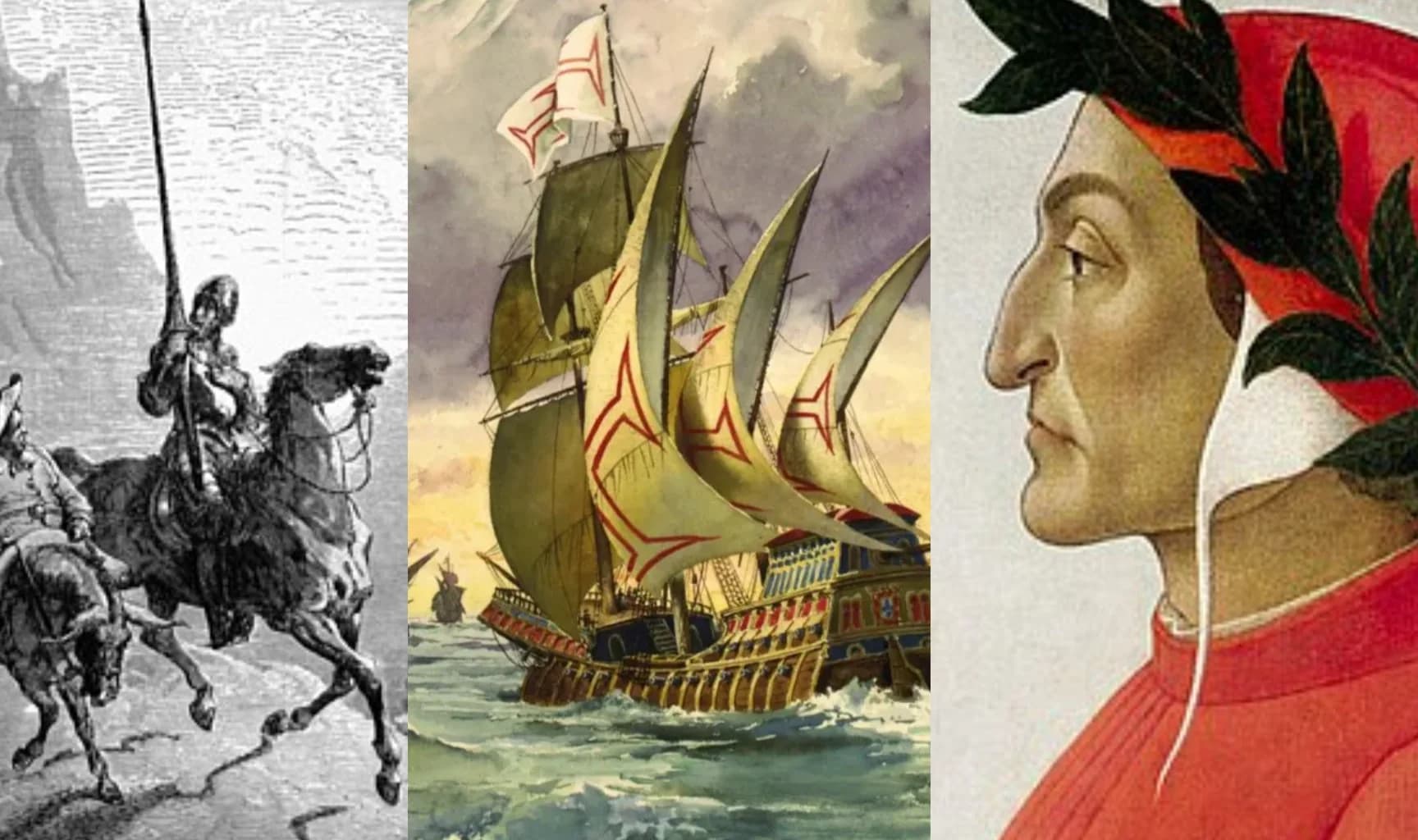 Montagem com ilustrações de Dom Quixote, de uma nau portuguesa e retrato de Dante Alighieri