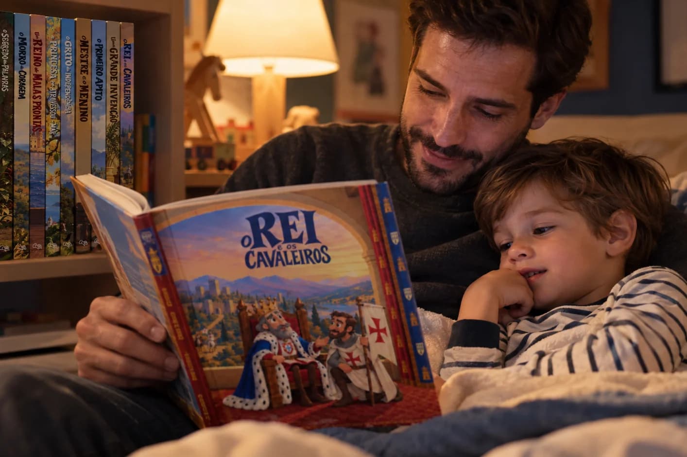Pai lê livro infantil para o filho antes de dormir