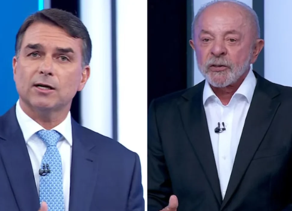 Montagem com Flávio Bolsonaro e Lula durante o debate da Globo