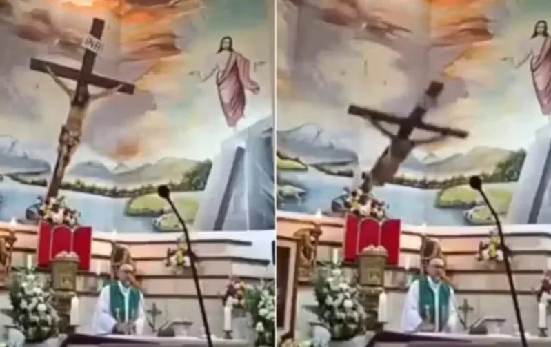 Crucifixo caindo sobre o altar durante a missa, em imagens da transmissão