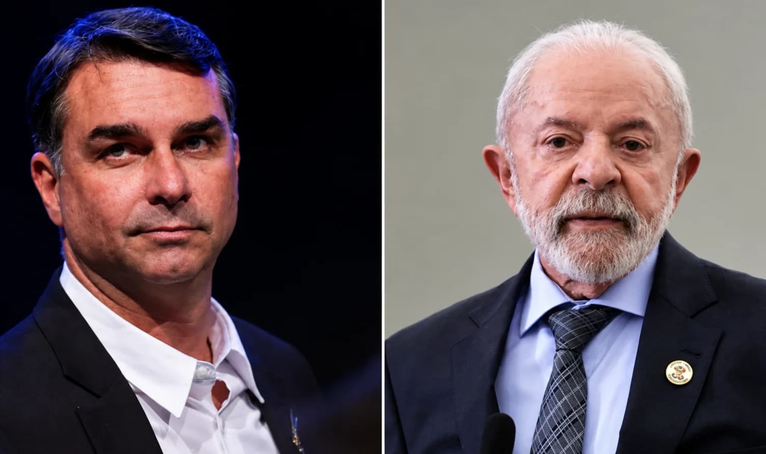 Montagem com fotos de Flávio Bolsonaro e Lula